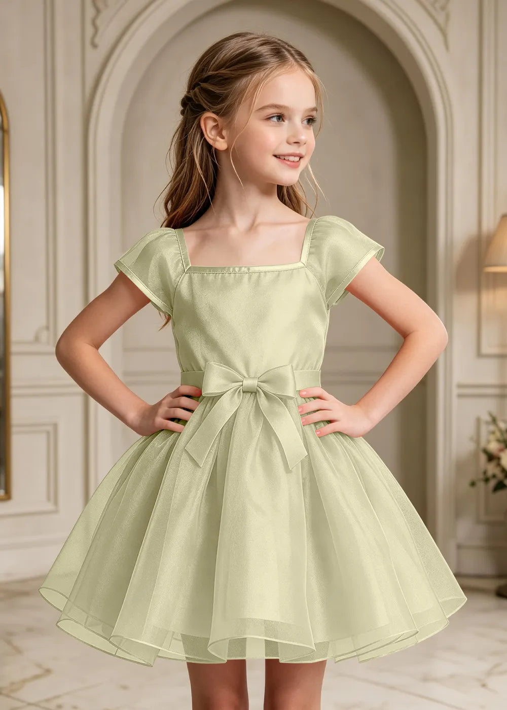 Square Neck Bow Waist Satin Party Dress for Girls