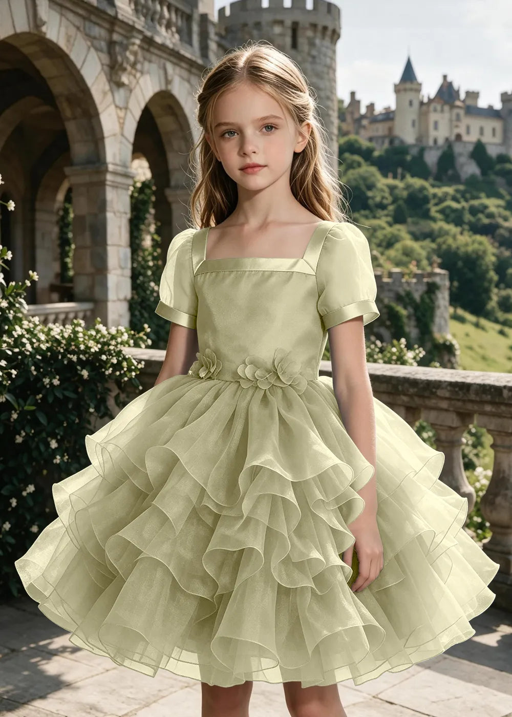 3D Floral Ruffle Tulle Party Dress for Girls