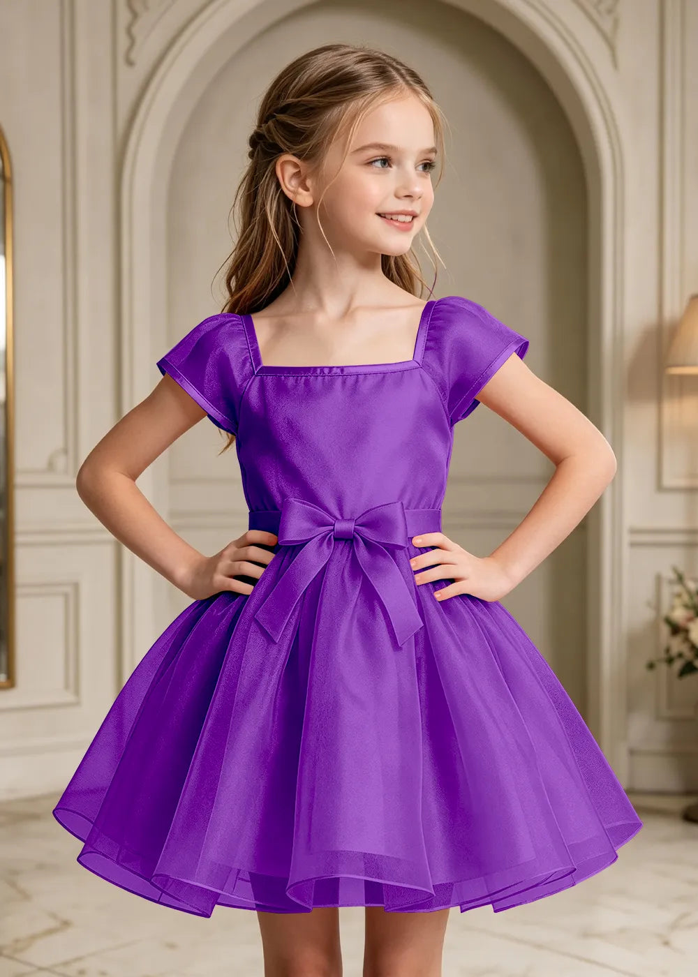 Flutter Sleeve Junior Bridesmaid Satin Dress