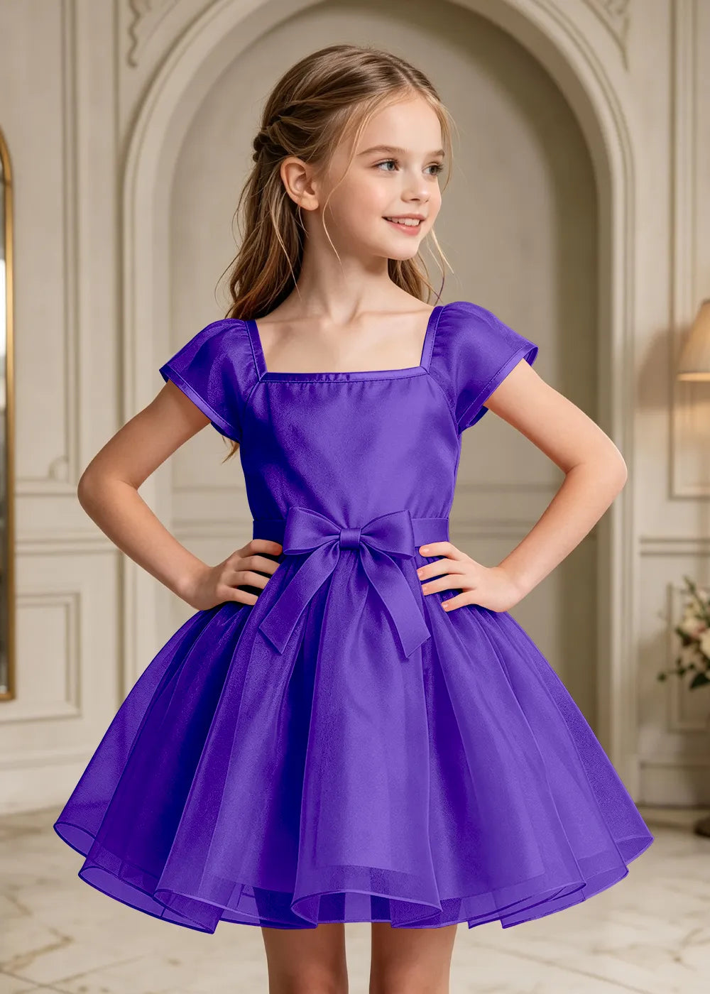 Flutter Sleeve Junior Bridesmaid Satin Dress