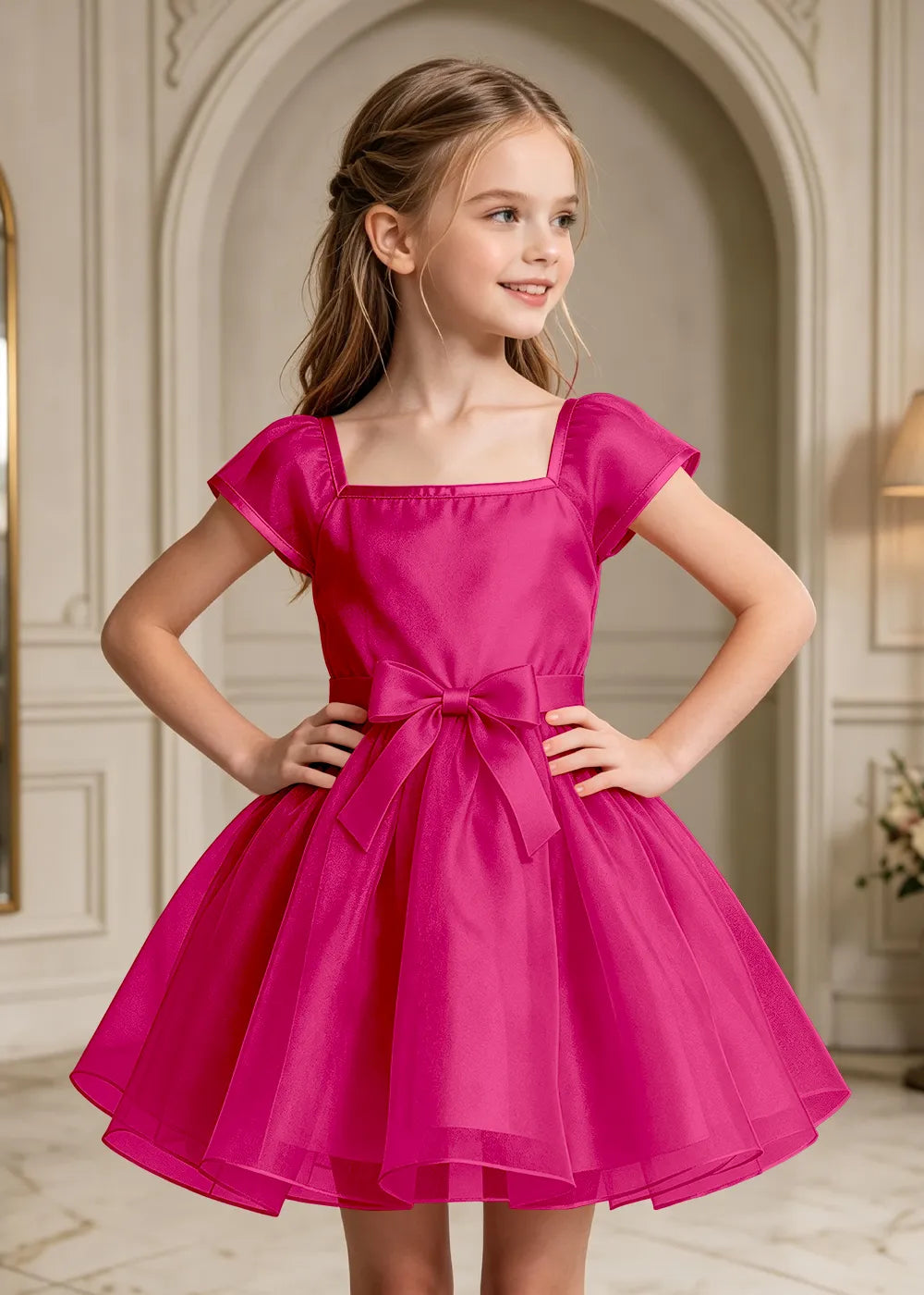 Flutter Sleeve Junior Bridesmaid Satin Dress