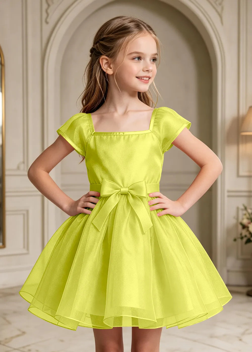 Flutter Sleeve Junior Bridesmaid Satin Dress
