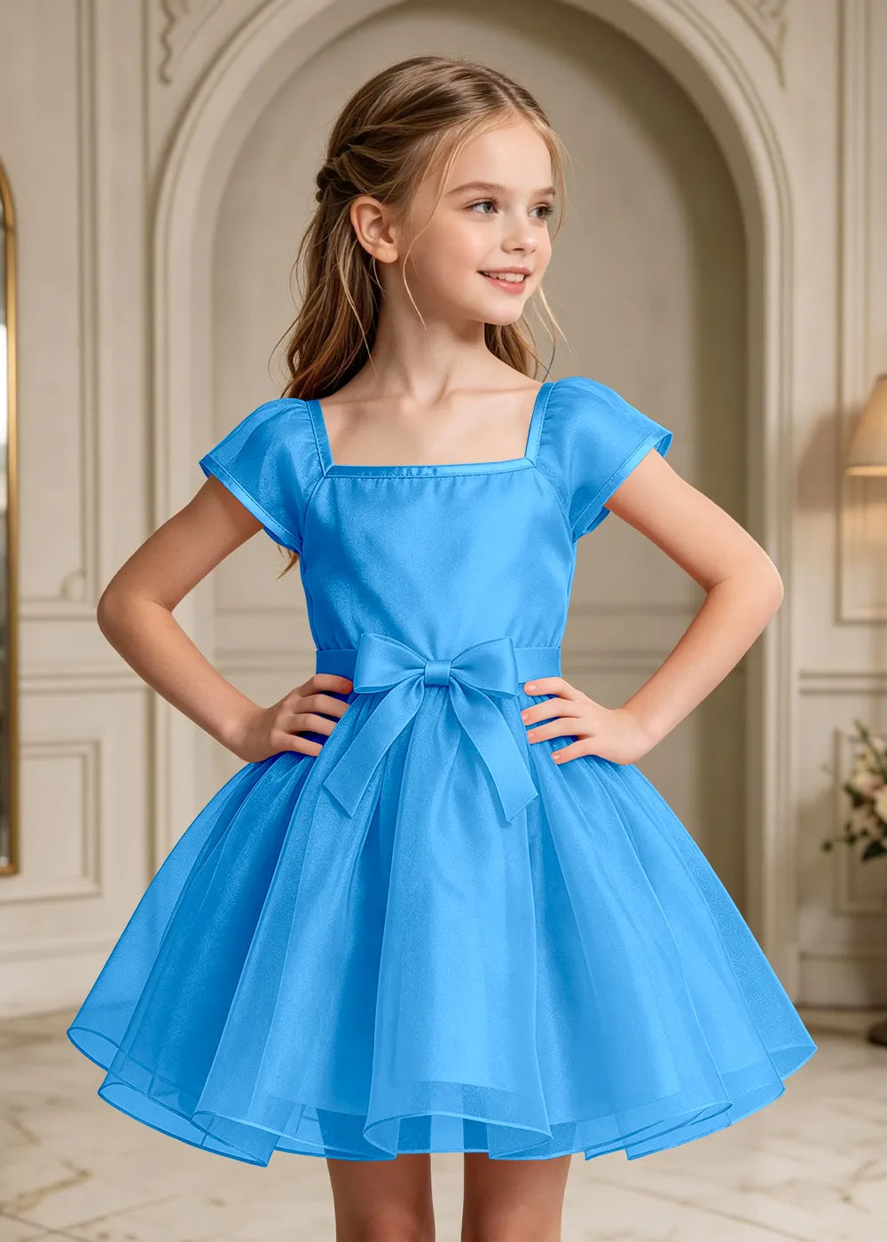 Flutter Sleeve Junior Bridesmaid Satin Dress