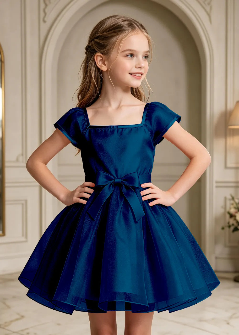 Flutter Sleeve Junior Bridesmaid Satin Dress