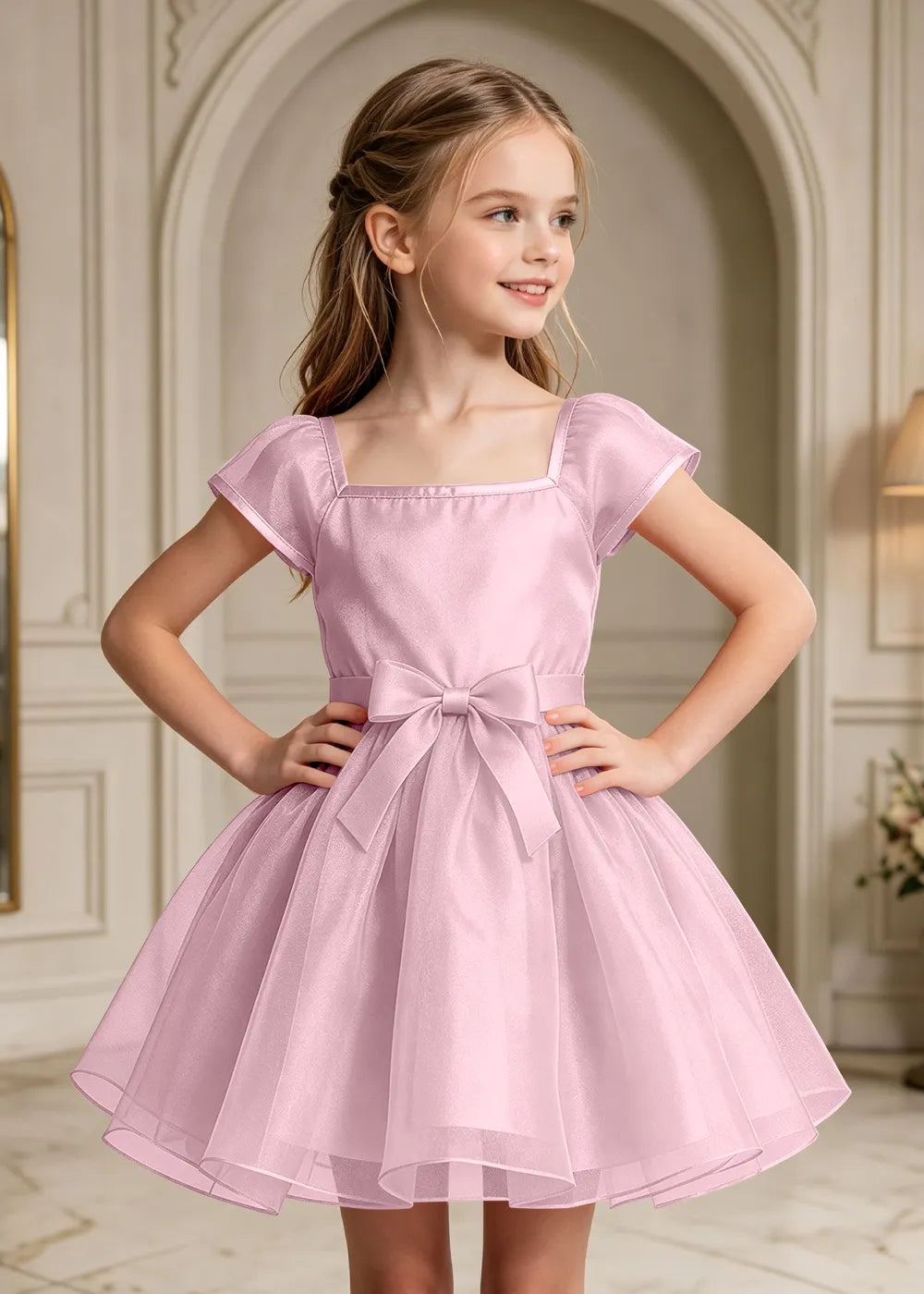 Square Neck Bow Waist Satin Party Dress for Girls
