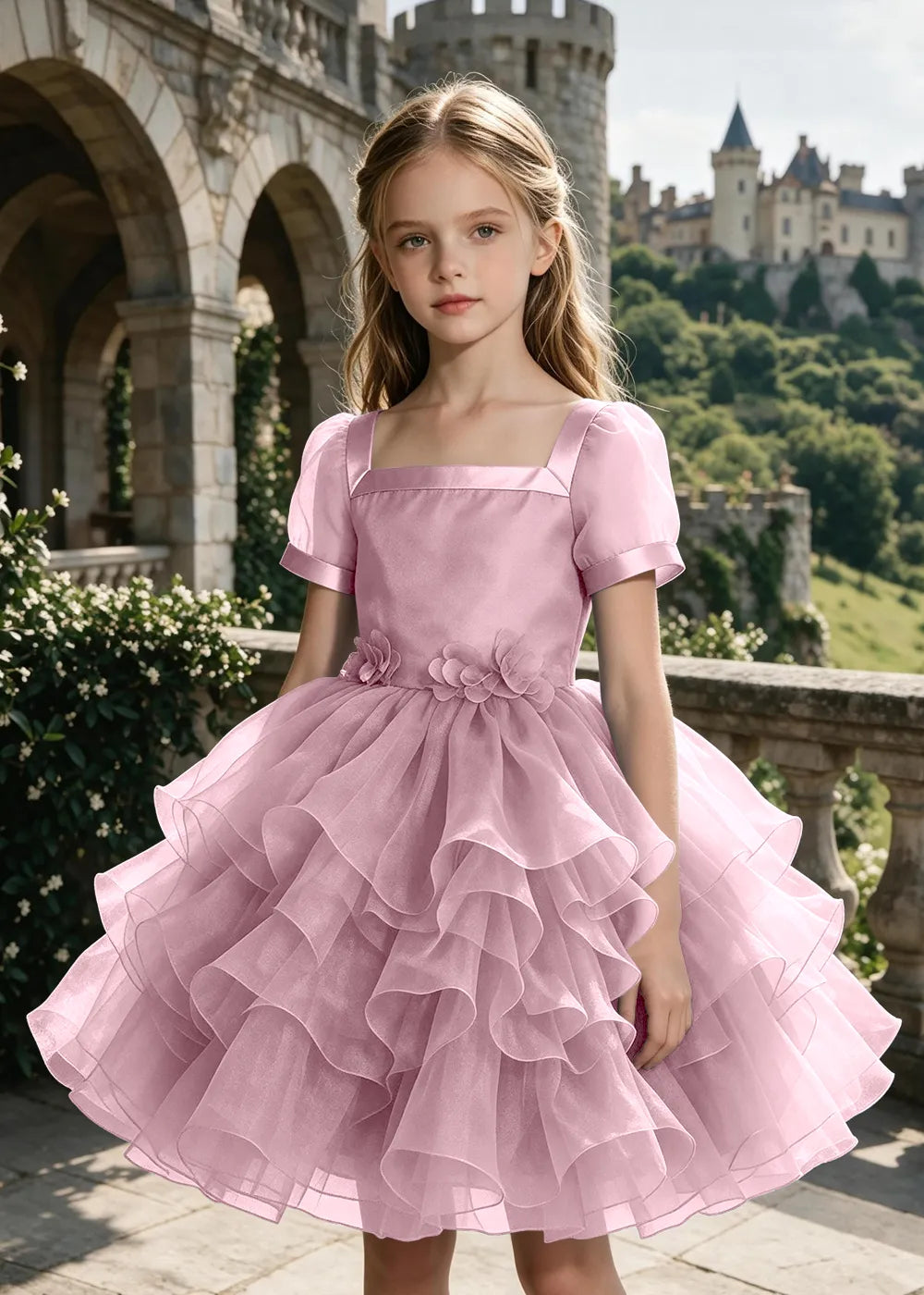 3D Floral Ruffle Tulle Party Dress for Girls