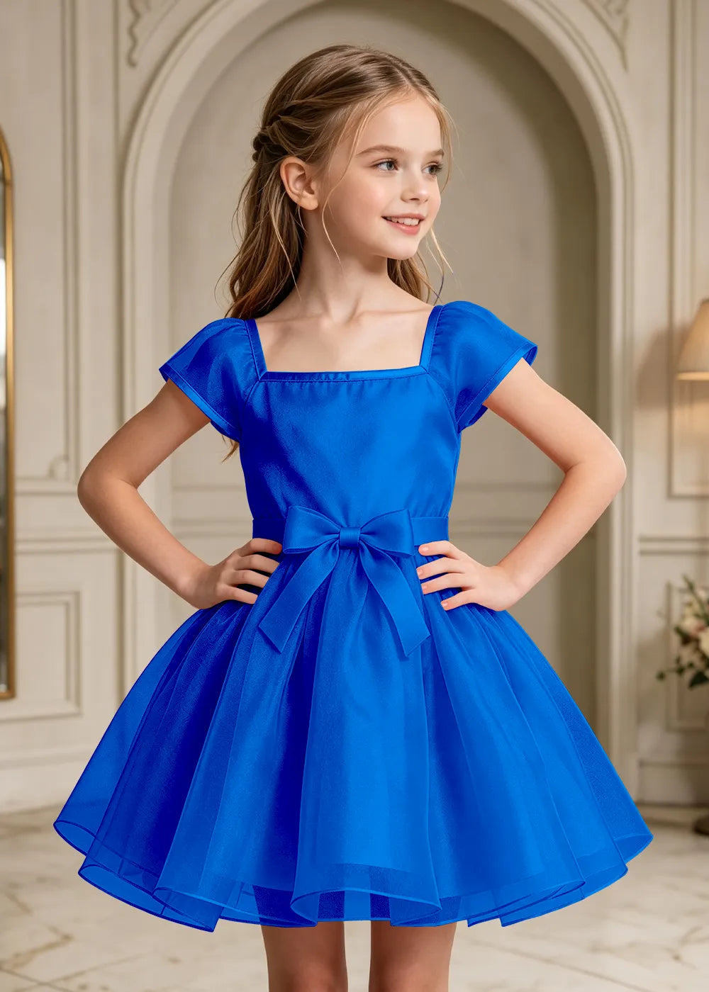 Flutter Sleeve Junior Bridesmaid Satin Dress