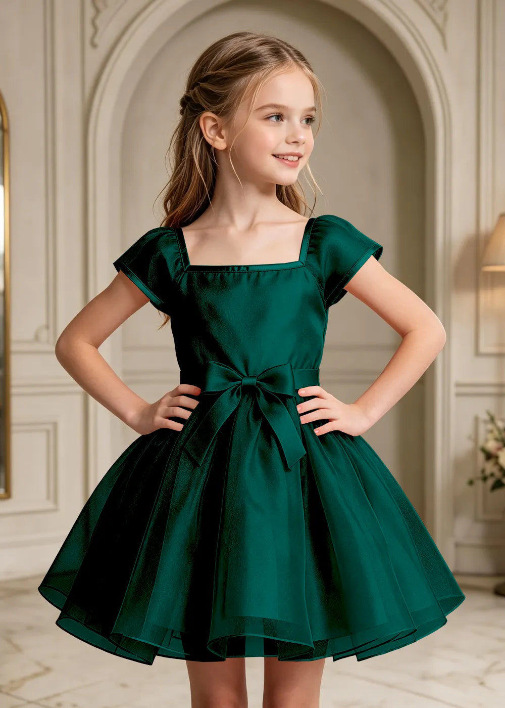 Flutter Sleeve Junior Bridesmaid Satin Dress