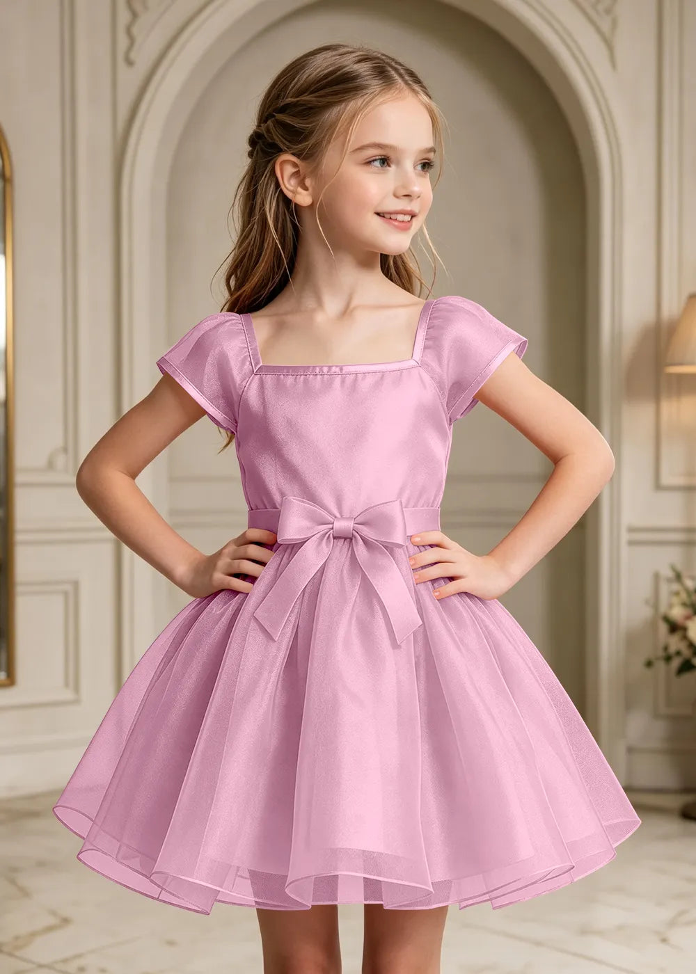 Flutter Sleeve Junior Bridesmaid Satin Dress