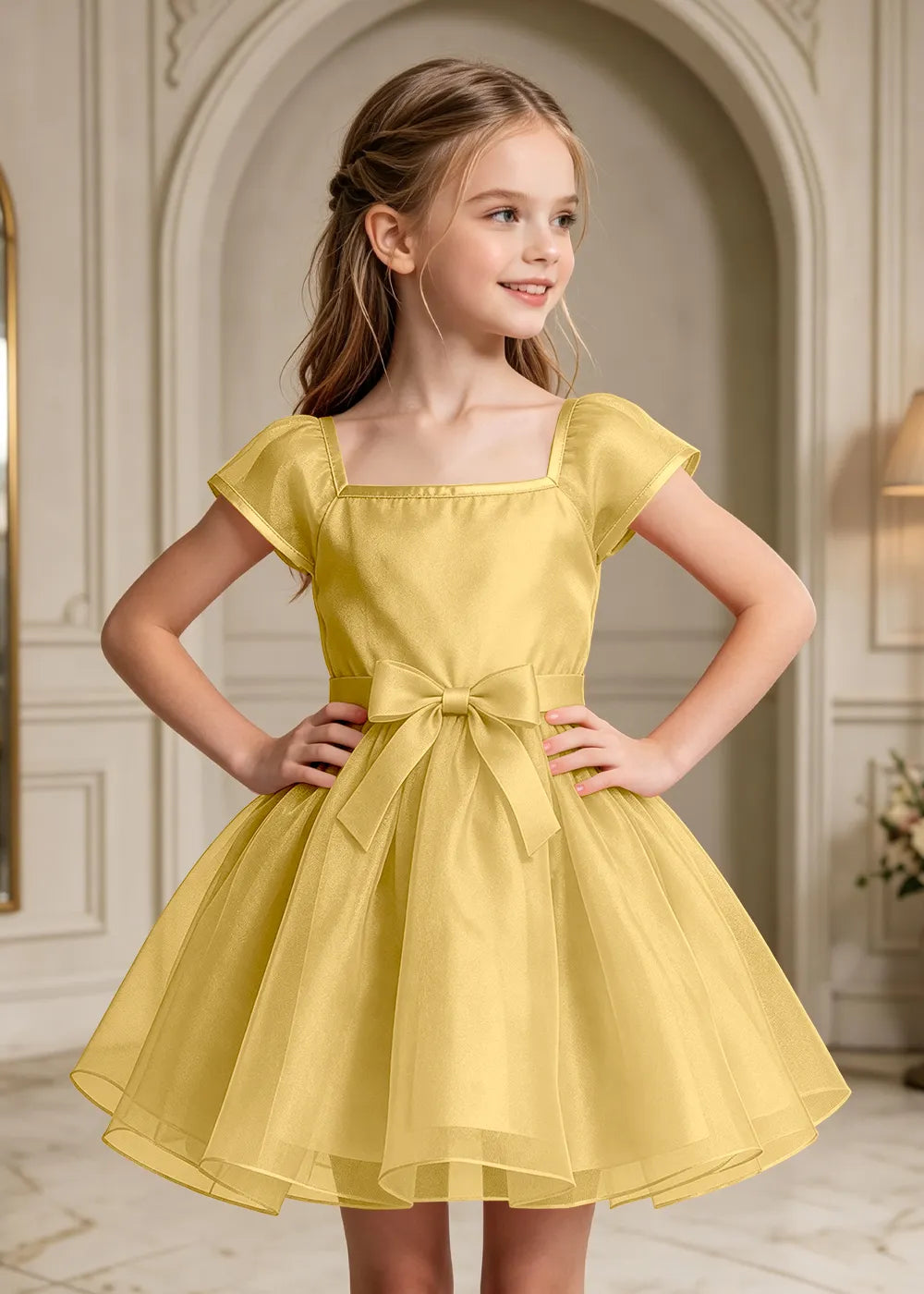 Flutter Sleeve Junior Bridesmaid Satin Dress