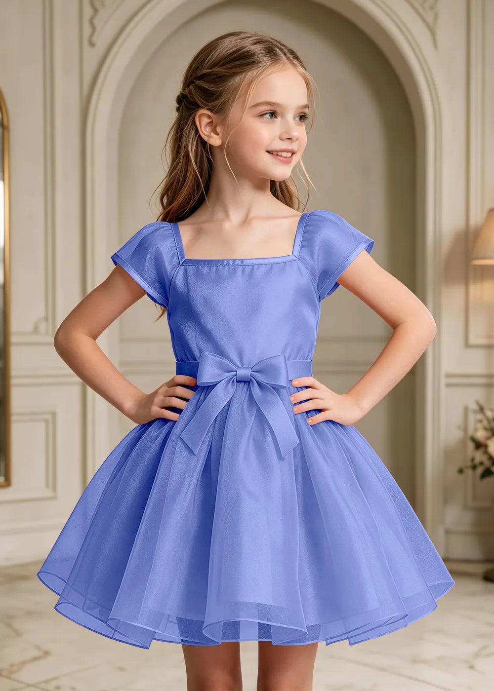 Flutter Sleeve Junior Bridesmaid Satin Dress