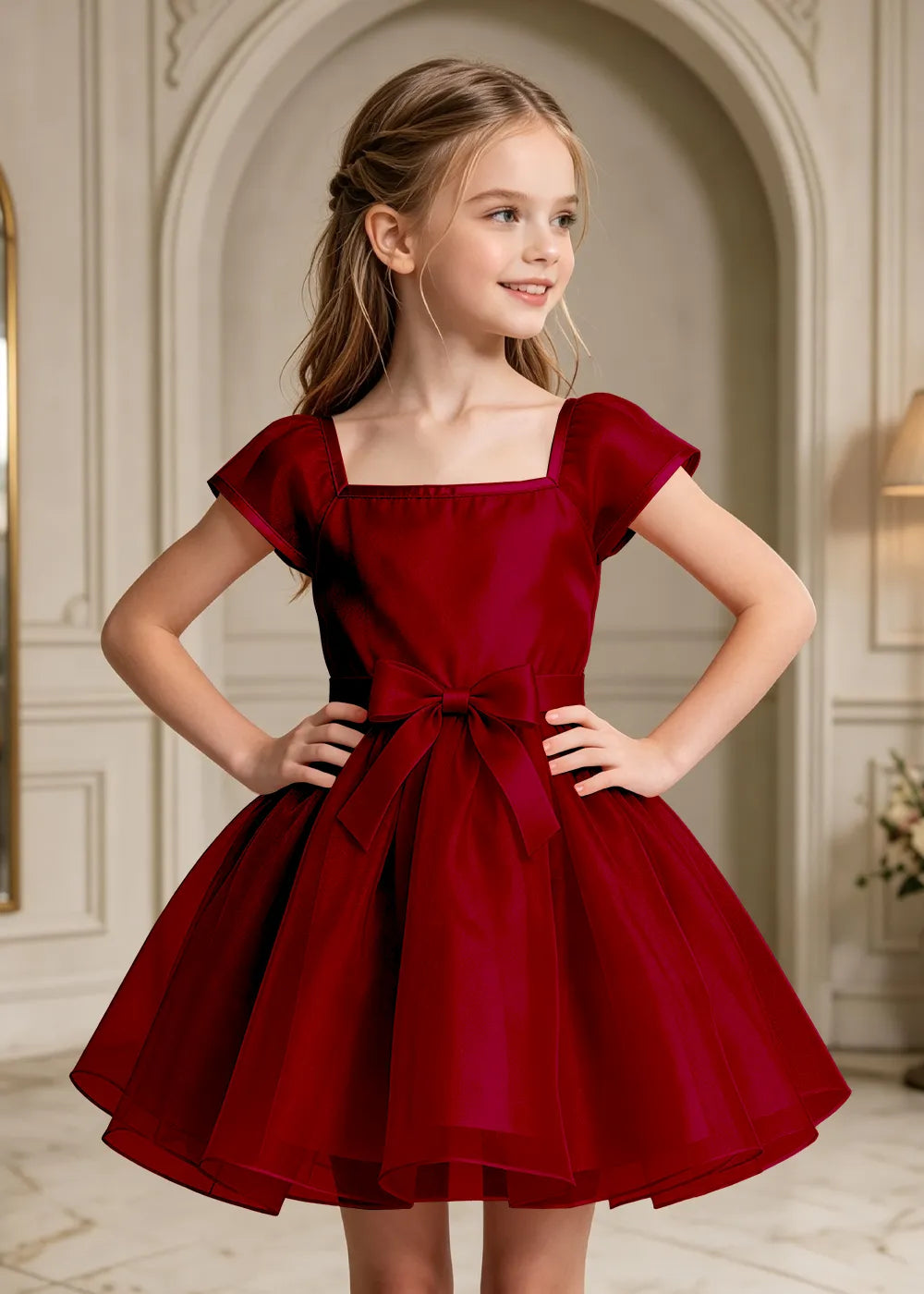 Square Neck Bow Waist Satin Party Dress for Girls