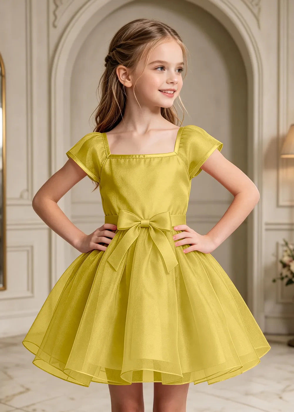 Square Neck Bow Waist Satin Party Dress for Girls