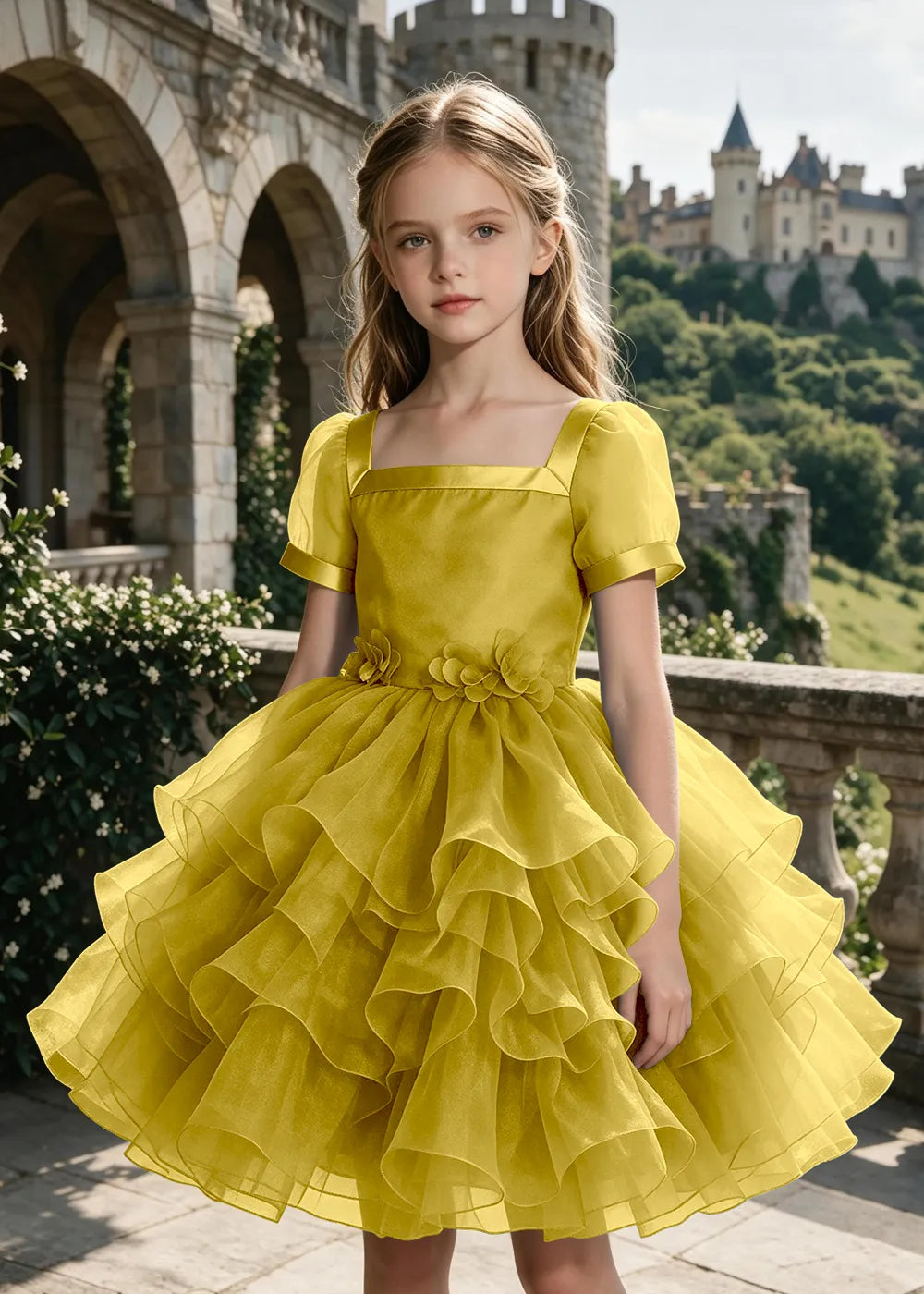 3D Floral Ruffle Tulle Party Dress for Girls