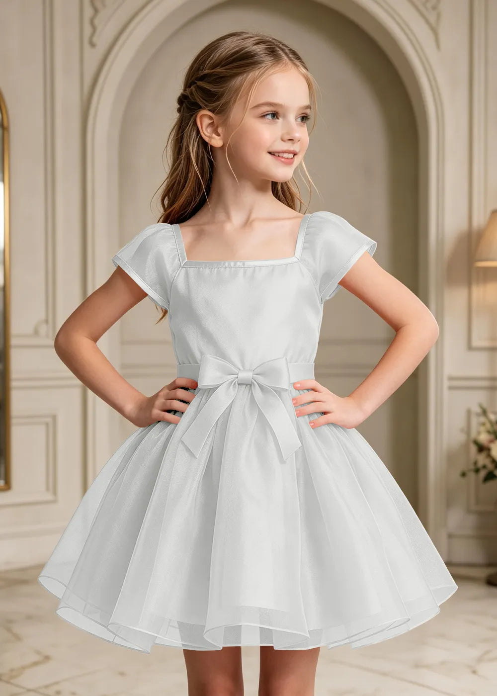 Square Neck Bow Waist Satin Party Dress for Girls