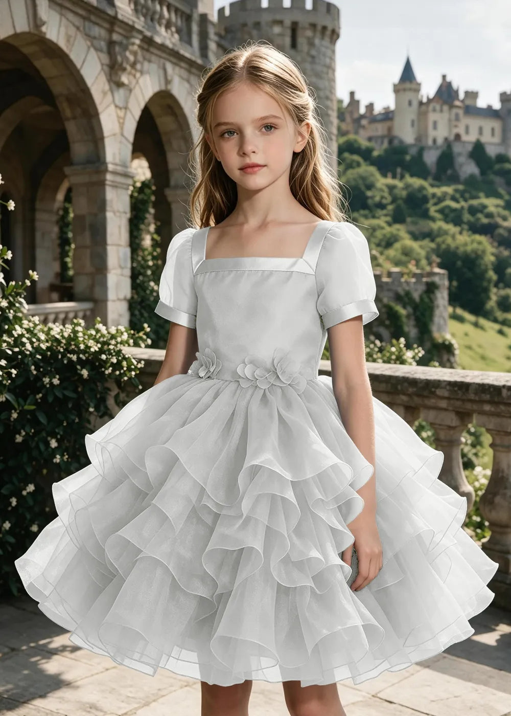 3D Floral Ruffle Tulle Party Dress for Girls