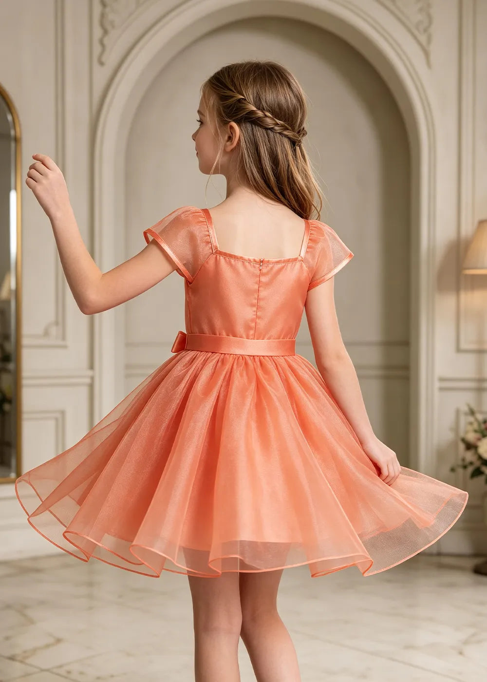 Flutter Sleeve Junior Bridesmaid Satin Dress