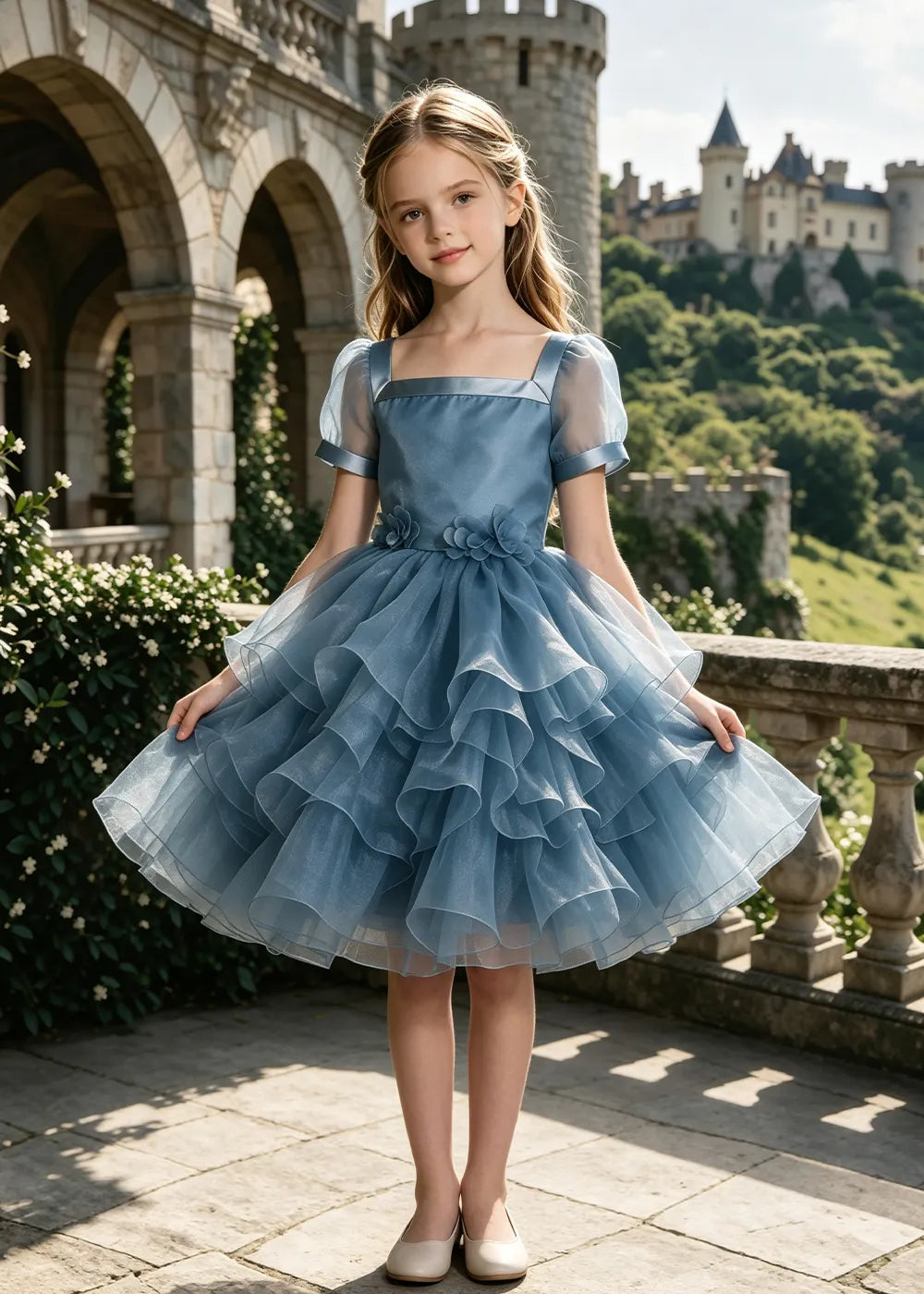 3D Floral Ruffle Tulle Party Dress for Girls