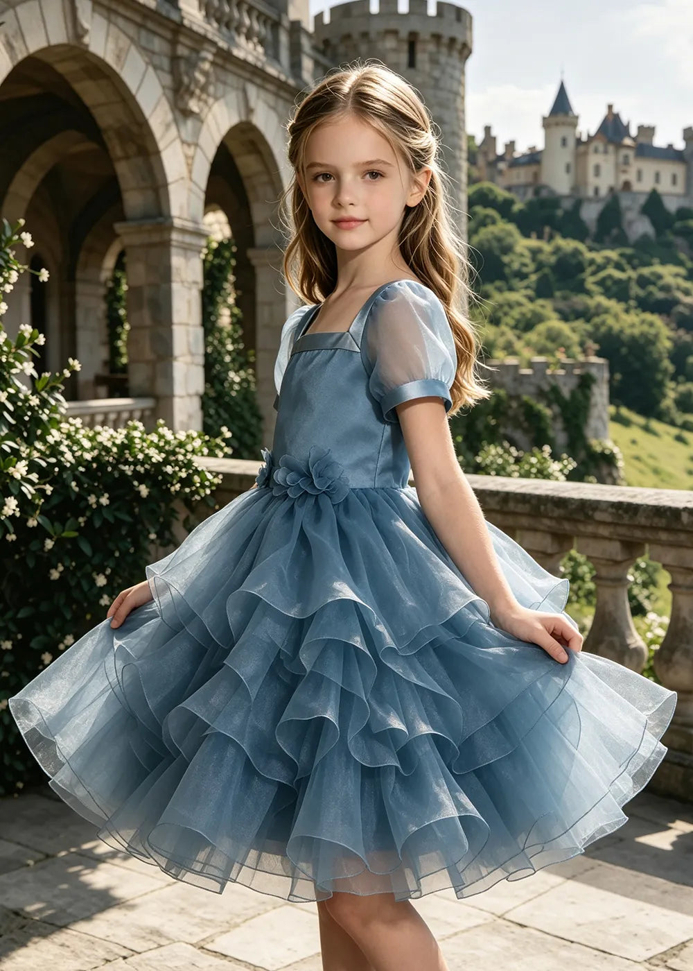 3D Floral Ruffle Tulle Party Dress for Girls