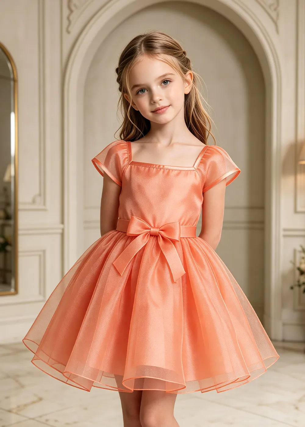 Square Neck Bow Waist Satin Party Dress for Girls