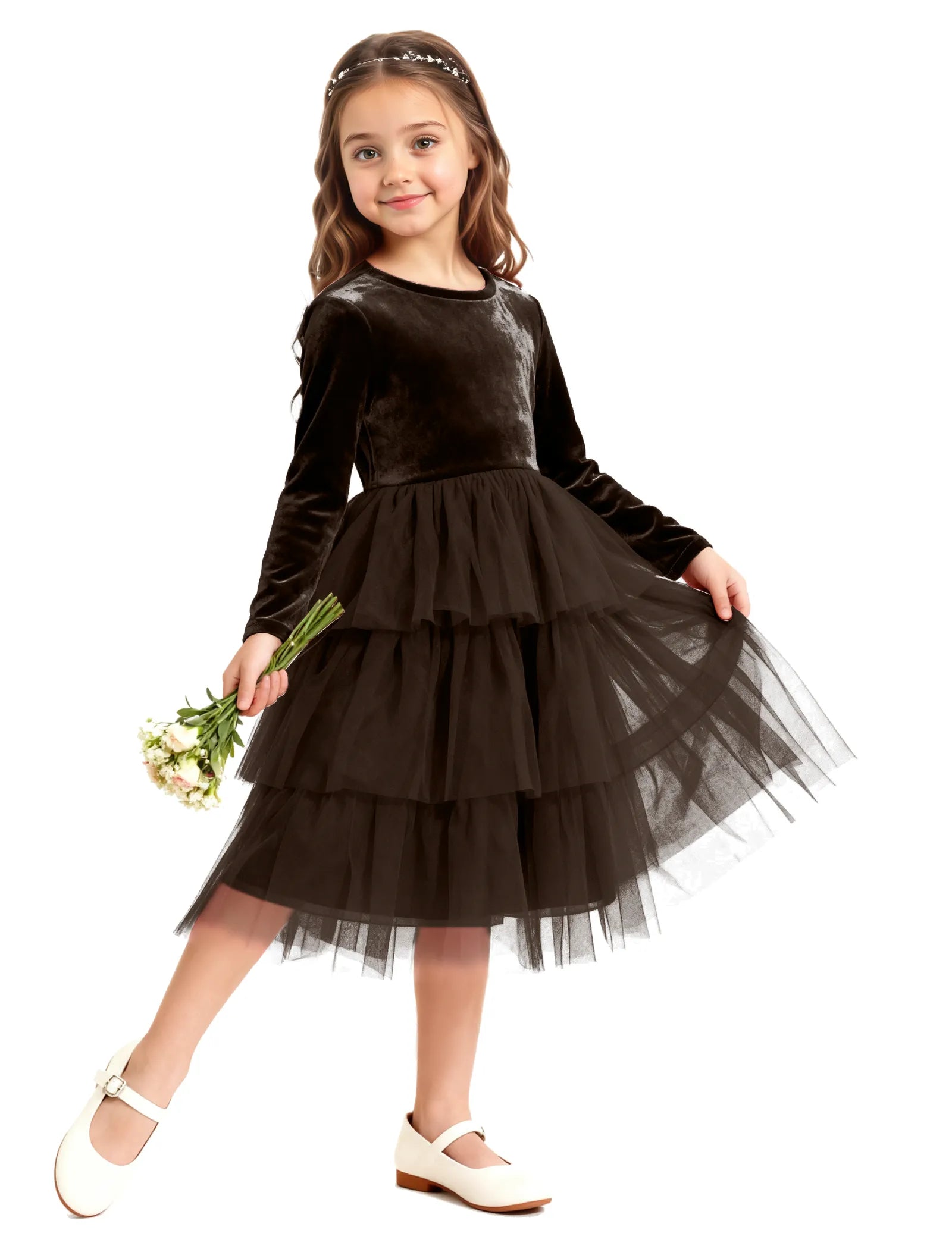 Velvet Ruffle Tulle Girls Party Dress