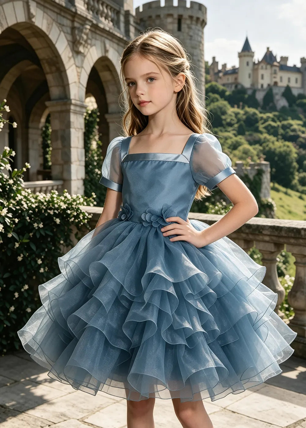3D Floral Ruffle Tulle Party Dress for Girls