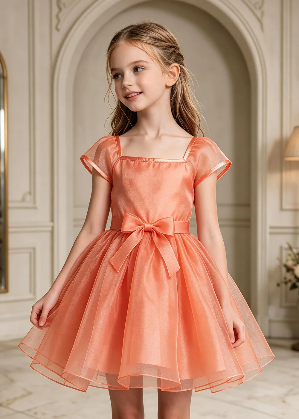 Square Neck Bow Waist Satin Party Dress for Girls