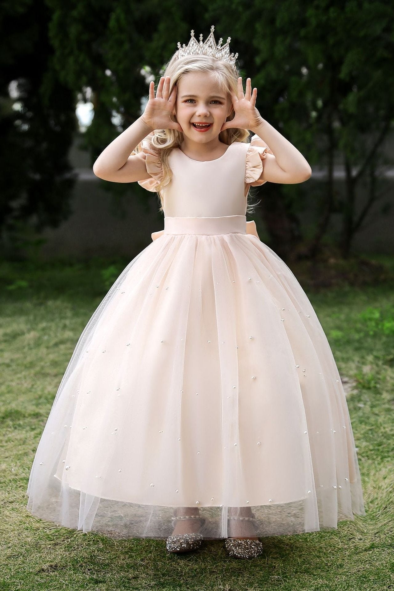 Satin Girl Dress with Pearl Tulle Cape Flower Girl Dresses for Wedding