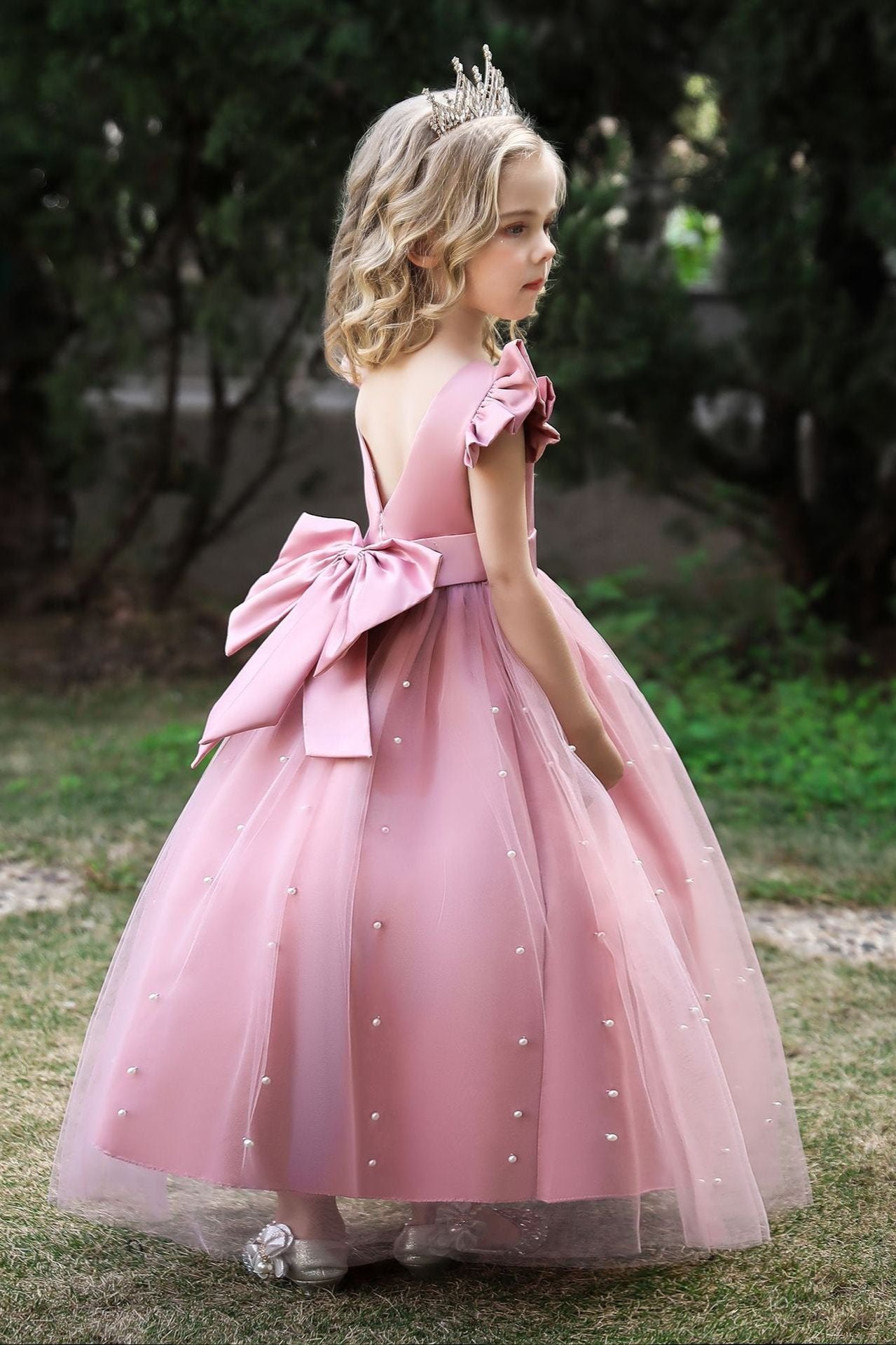 Satin Girl Dress with Pearl Tulle Cape Flower Girl Dresses for Wedding
