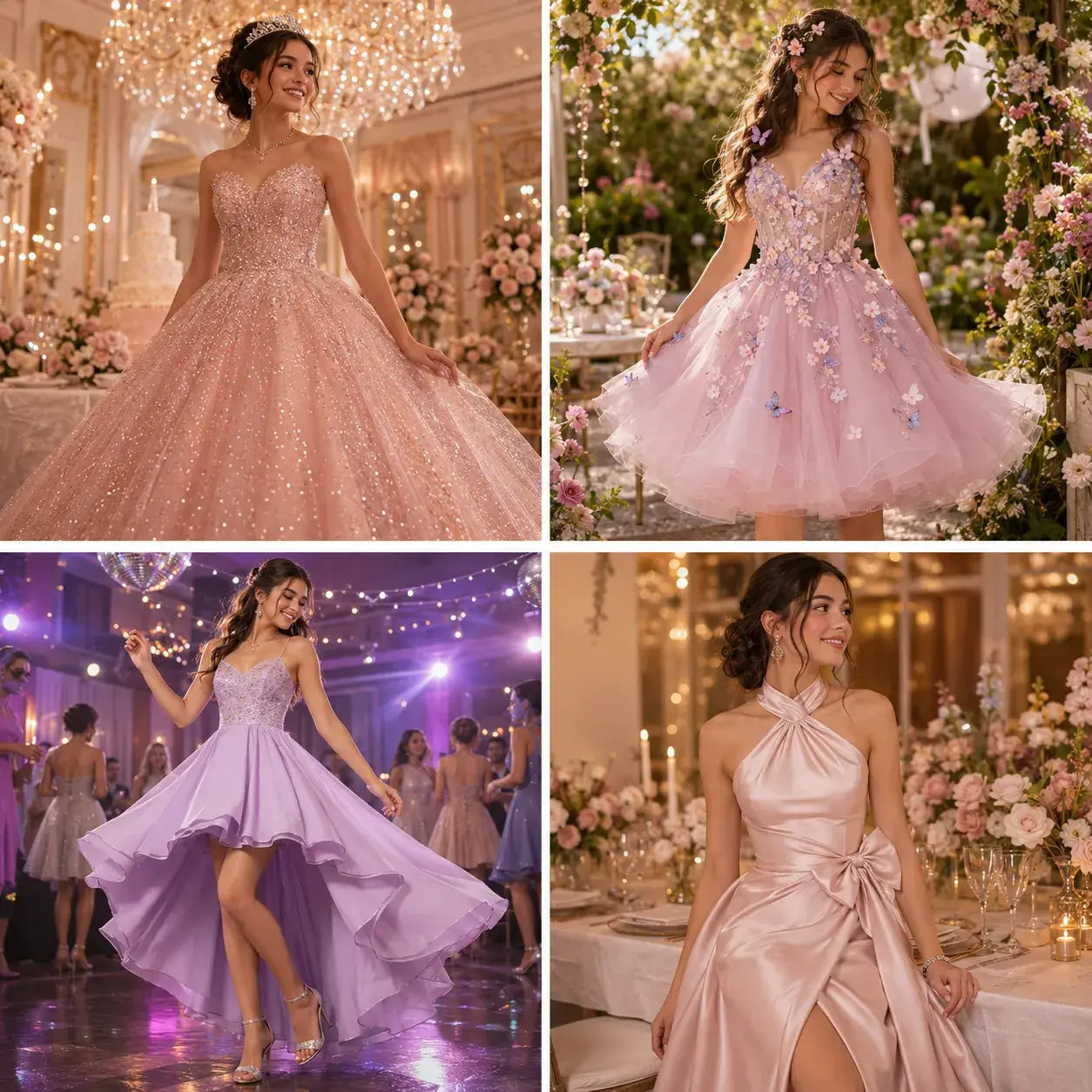 Four Sweet 16 dress styles featuring a sparkling ball gown, floral tulle dress, high-low party dress and satin halter dress.