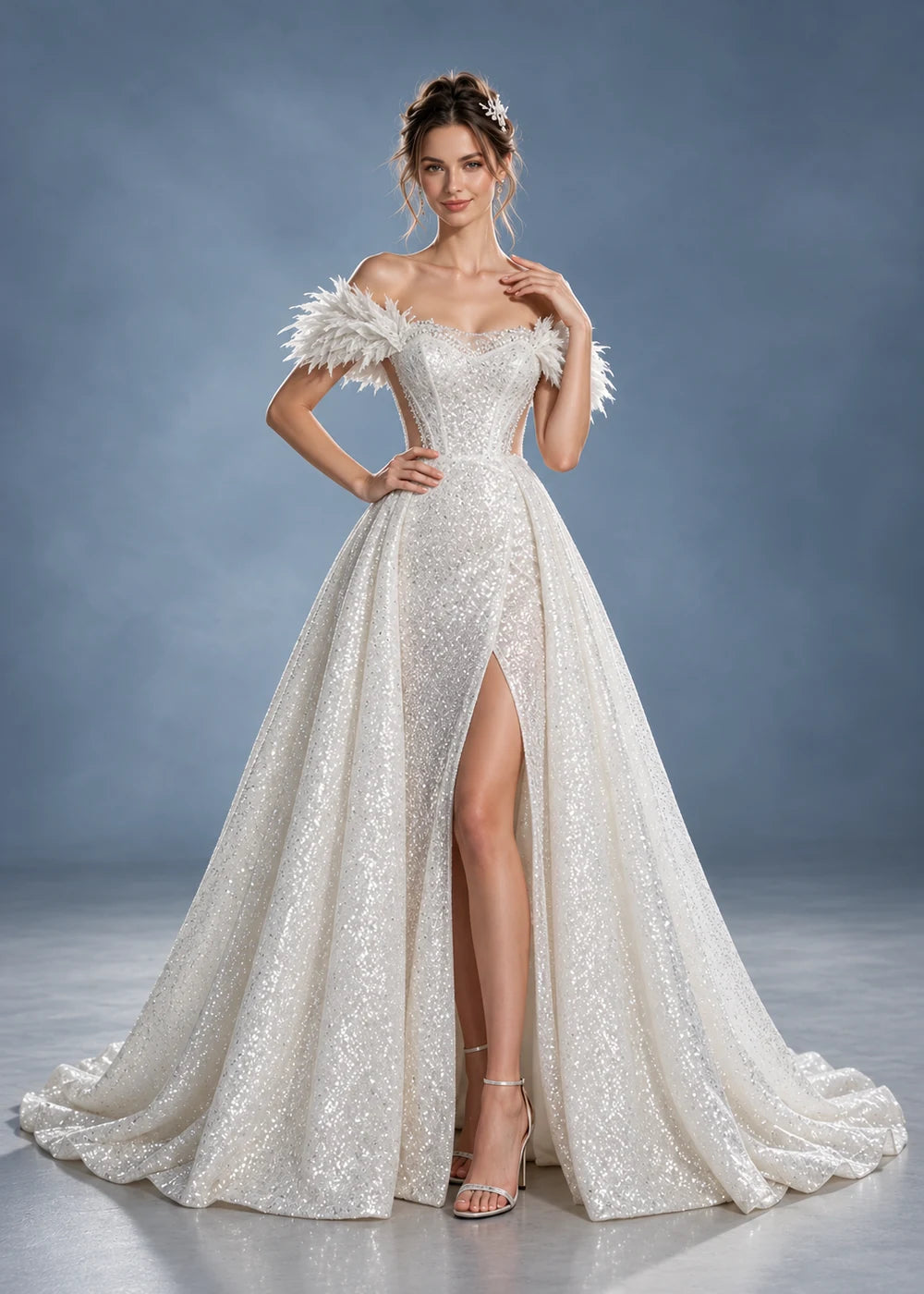 White Sequin Wedding Gown with Feather-Like Shoulder Trim and Slit