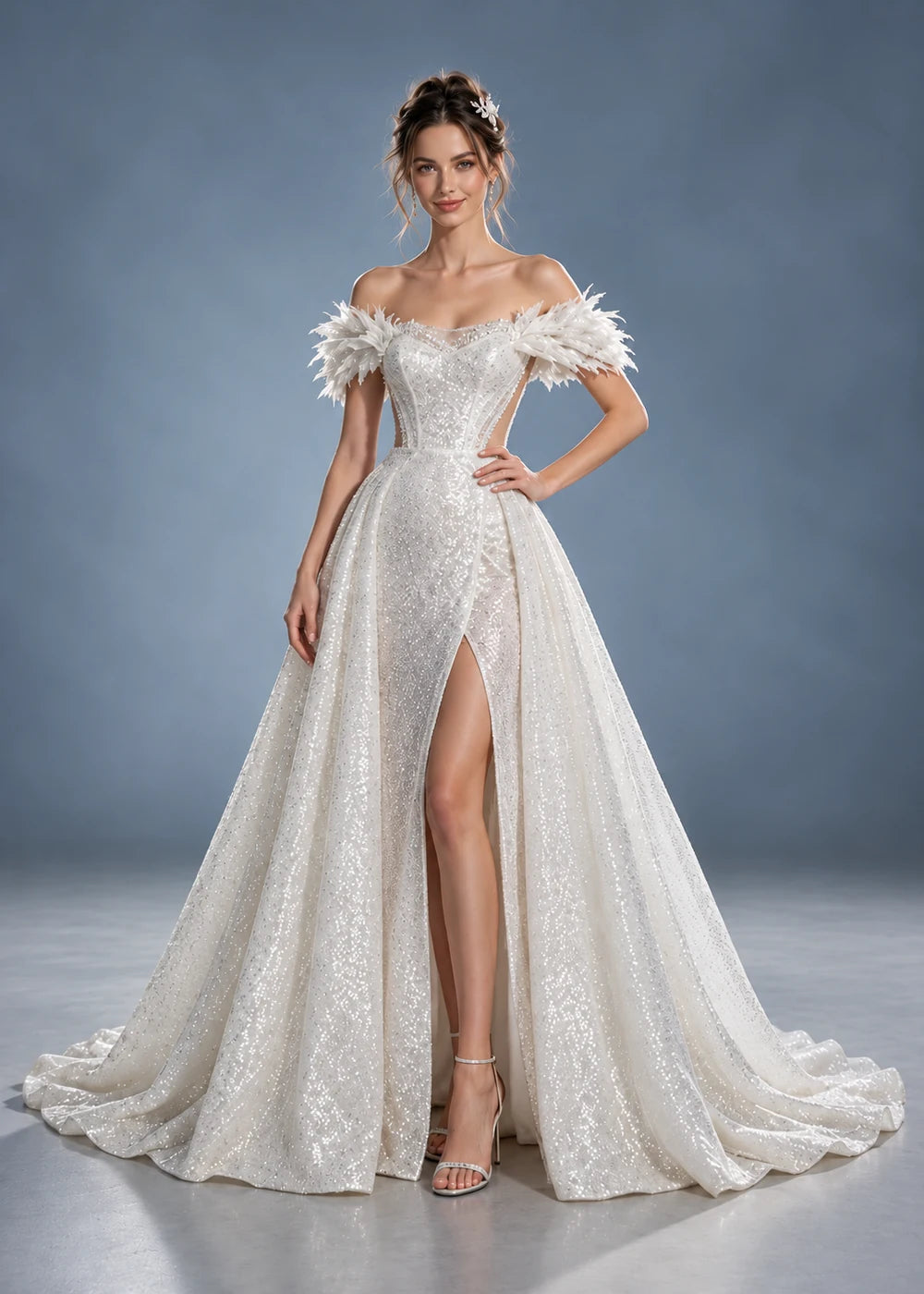 White Sequin Wedding Gown with Feather-Like Shoulder Trim and Slit