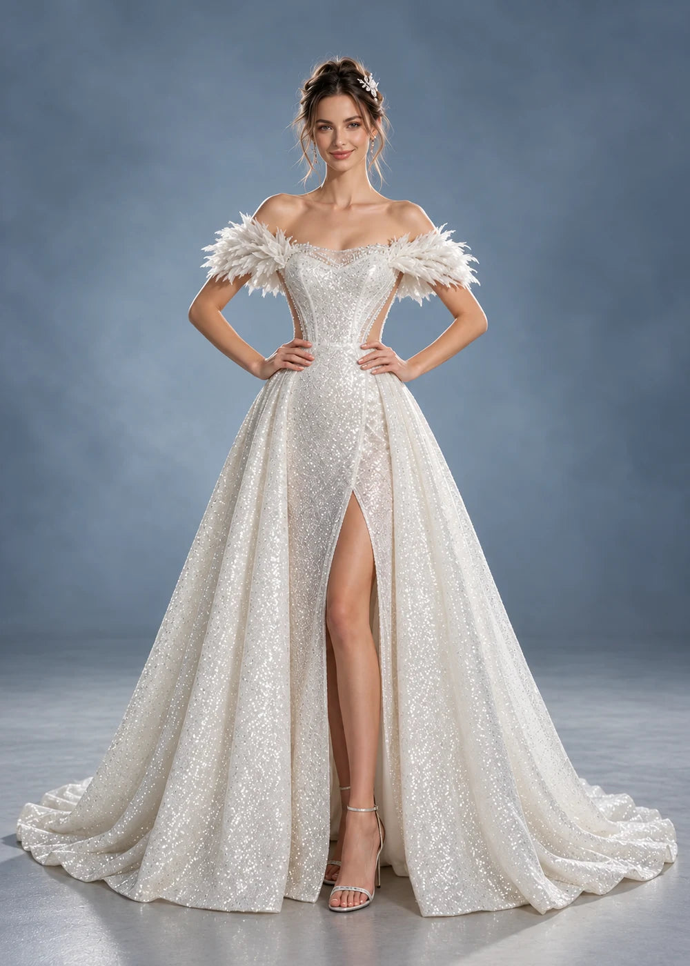 White Sequin Wedding Gown with Feather-Like Shoulder Trim and Slit