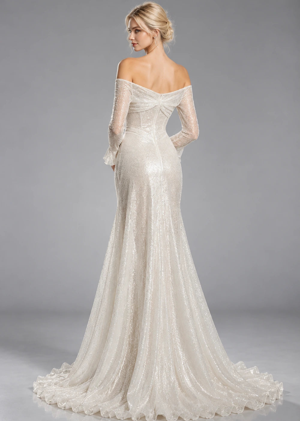 White Off-Shoulder Ruched Sequin Evening Dress with Flared Cuffs
