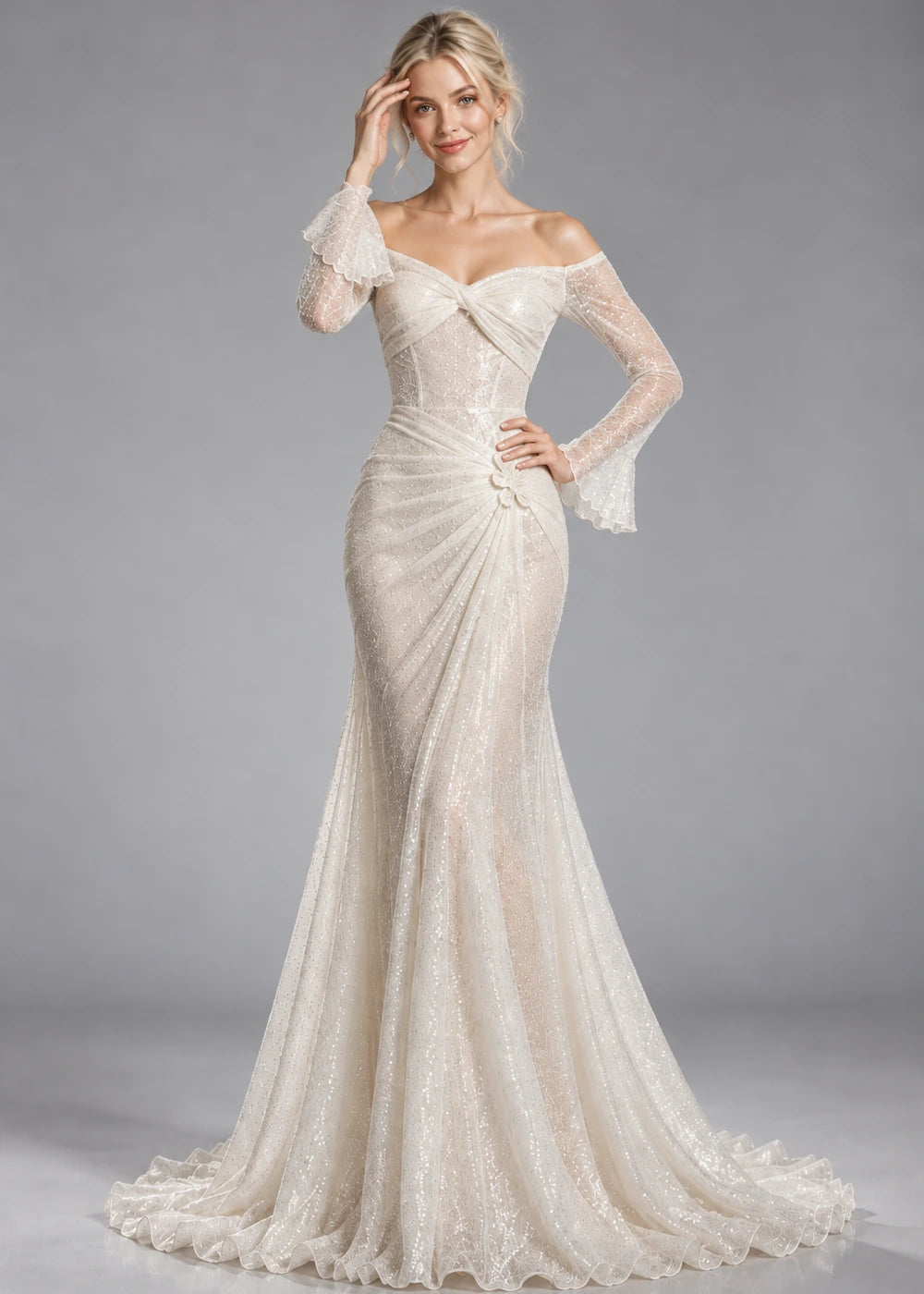 White Off-Shoulder Ruched Sequin Evening Dress with Flared Cuffs