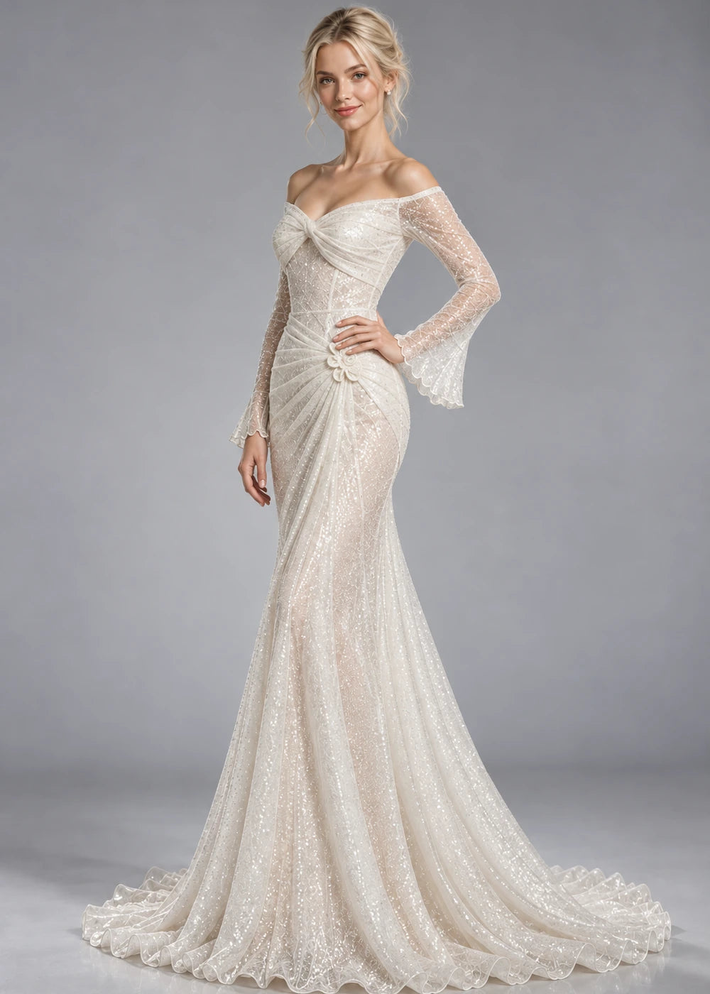White Off-Shoulder Ruched Sequin Evening Dress with Flared Cuffs