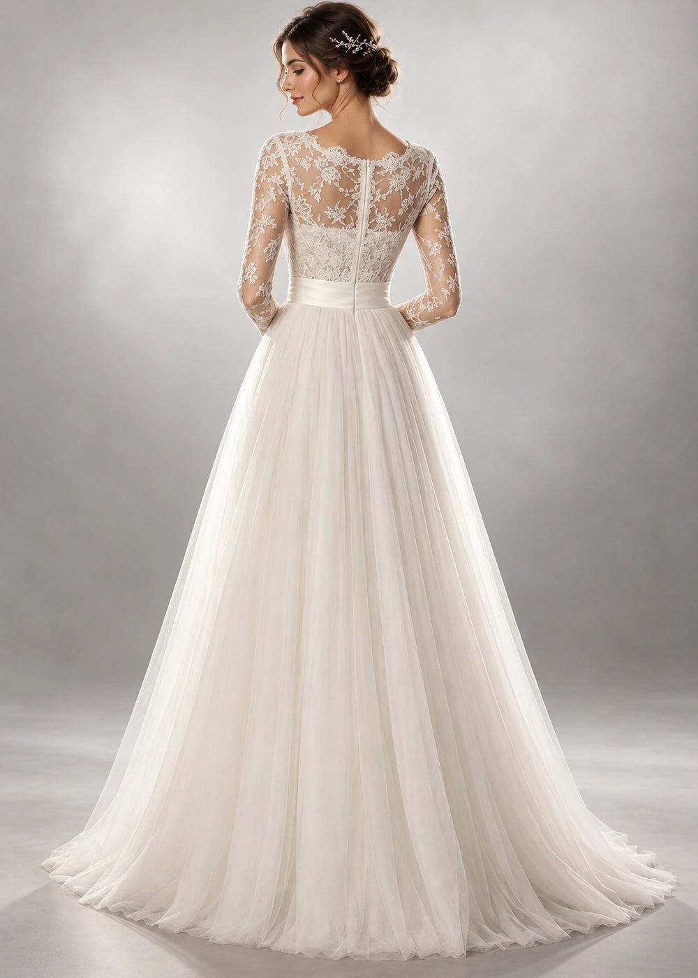White Long-Sleeve Lace Wedding Dress with Waistband and Tulle Skirt