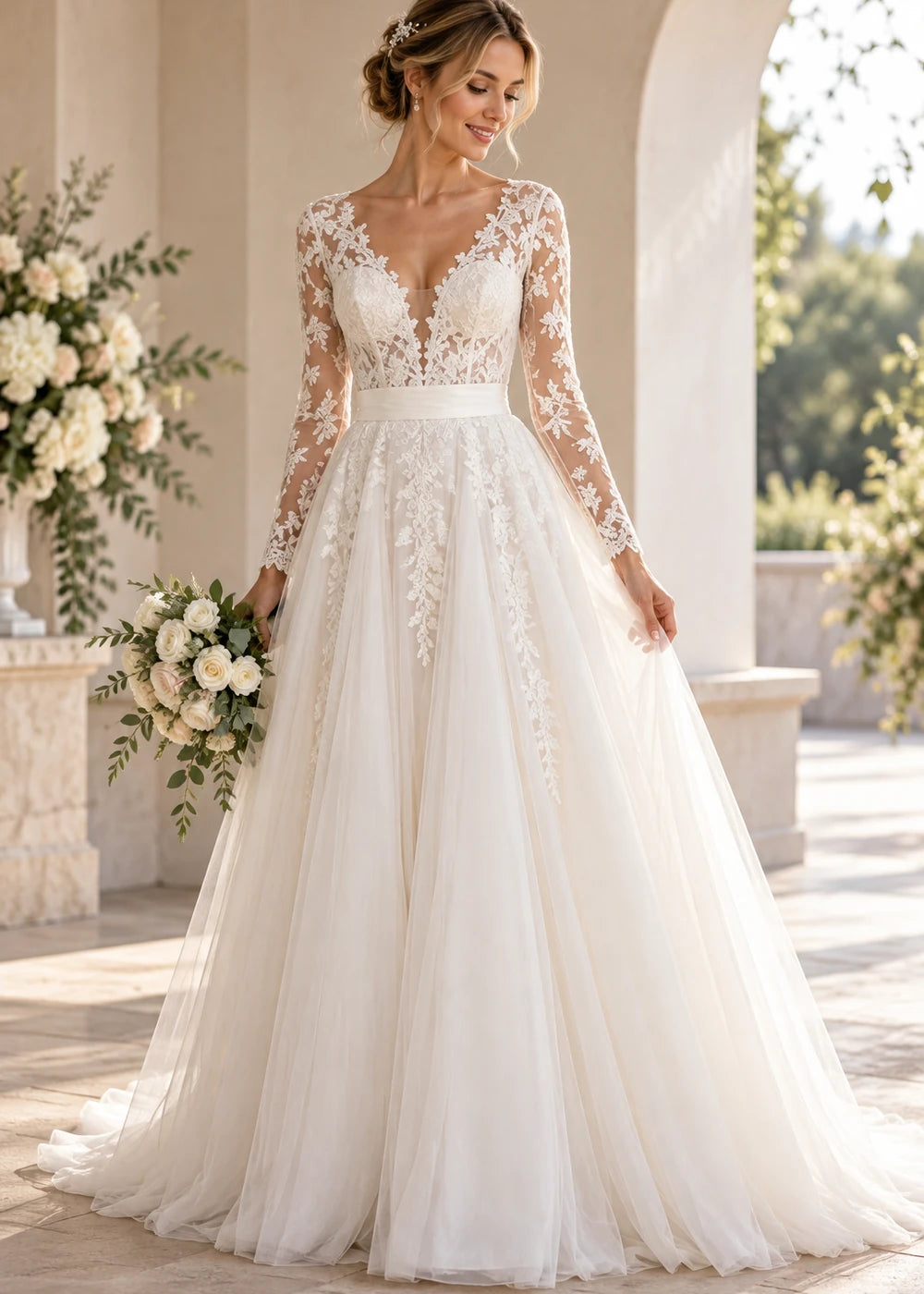White Long-Sleeve Lace Wedding Dress with Waistband and Tulle Skirt