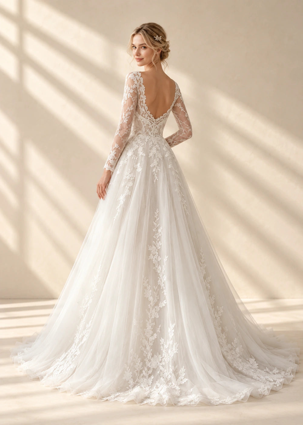 White V-Neck Long-Sleeve Lace A-Line Wedding Dress