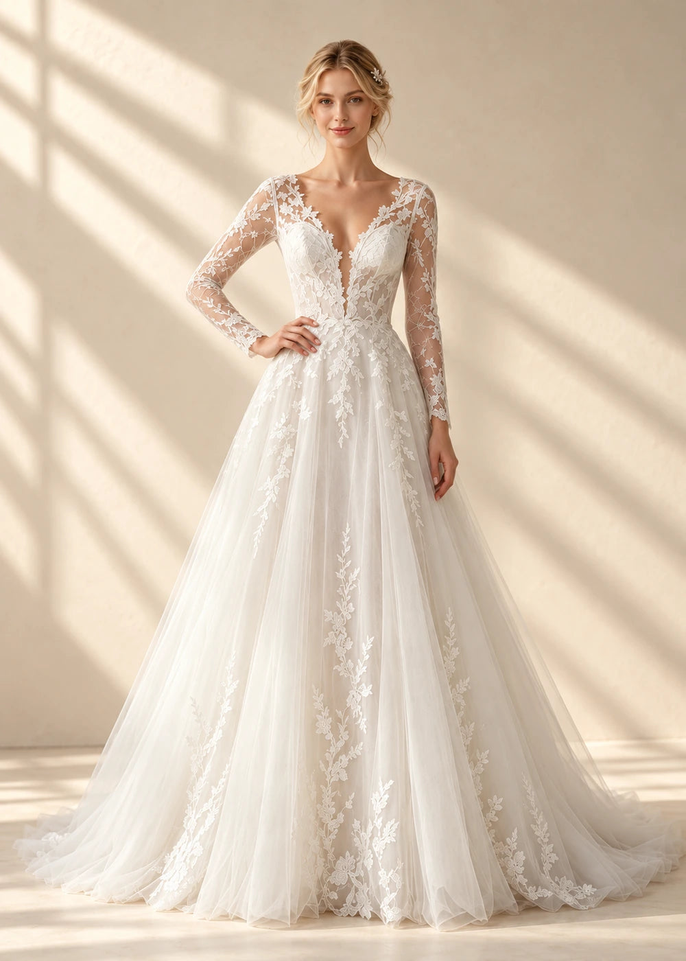 White V-Neck Long-Sleeve Lace A-Line Wedding Dress
