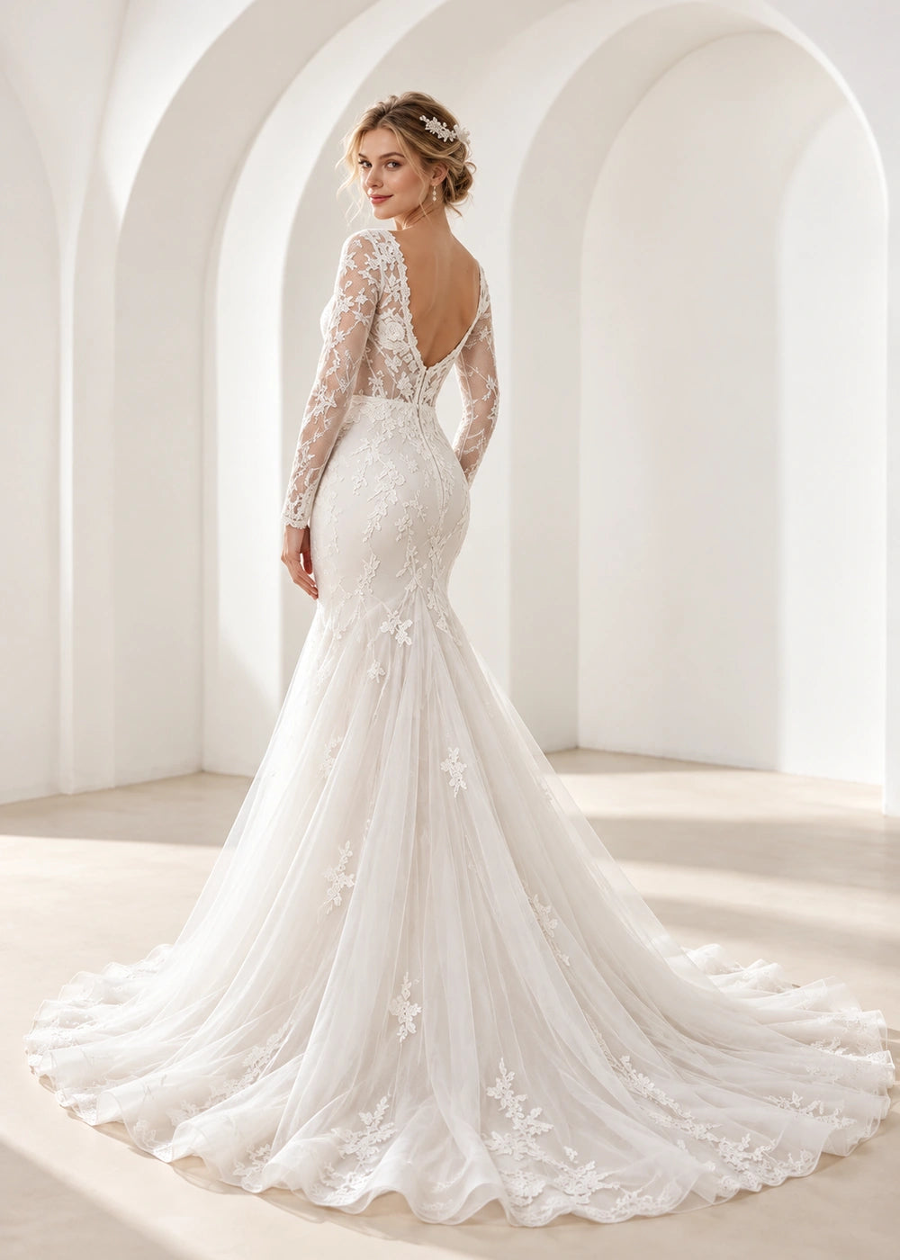 White V-Neck Lace Mermaid Wedding Dress with Long Train