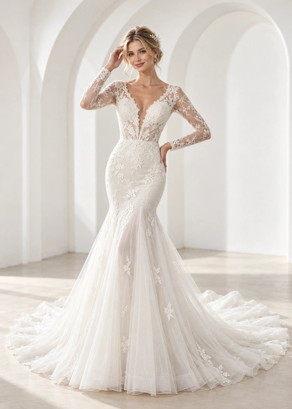 White V-Neck Lace Mermaid Wedding Dress with Long Train