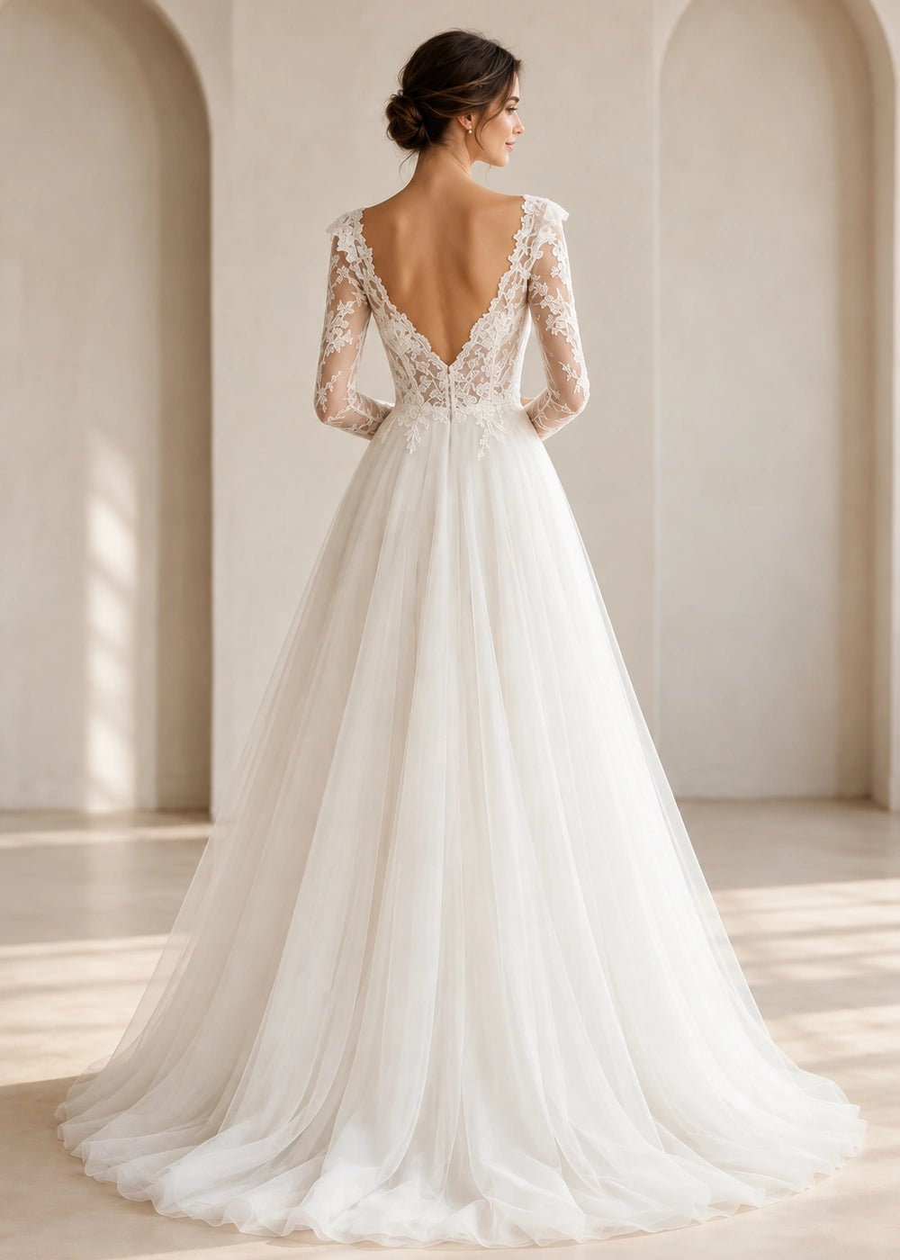 White V-Neck Lace Wedding Dress with Front Bow and Slit
