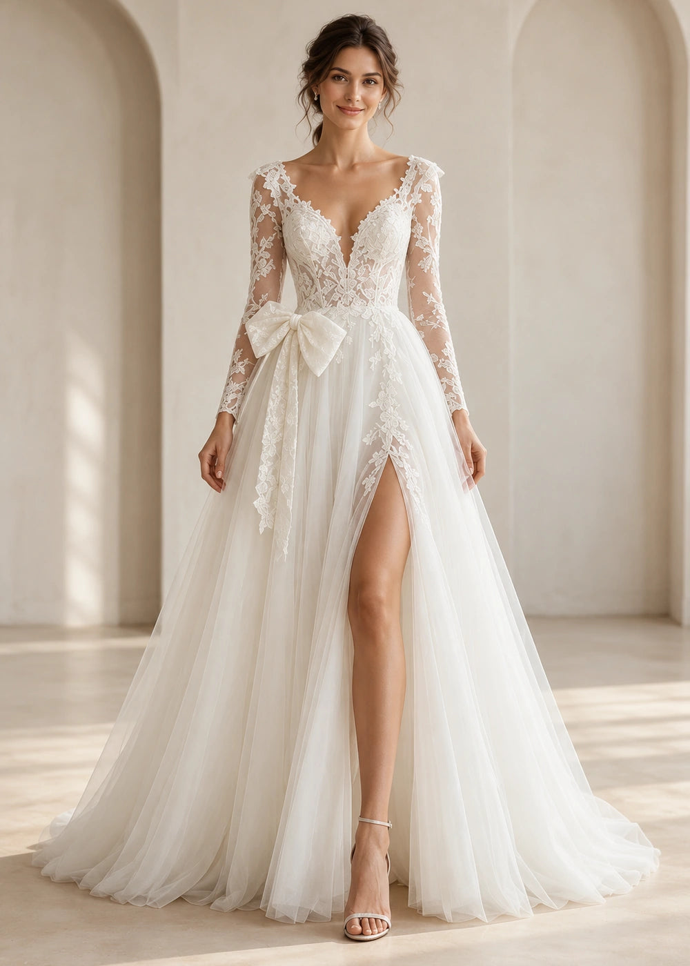 White V-Neck Lace Wedding Dress with Front Bow and Slit