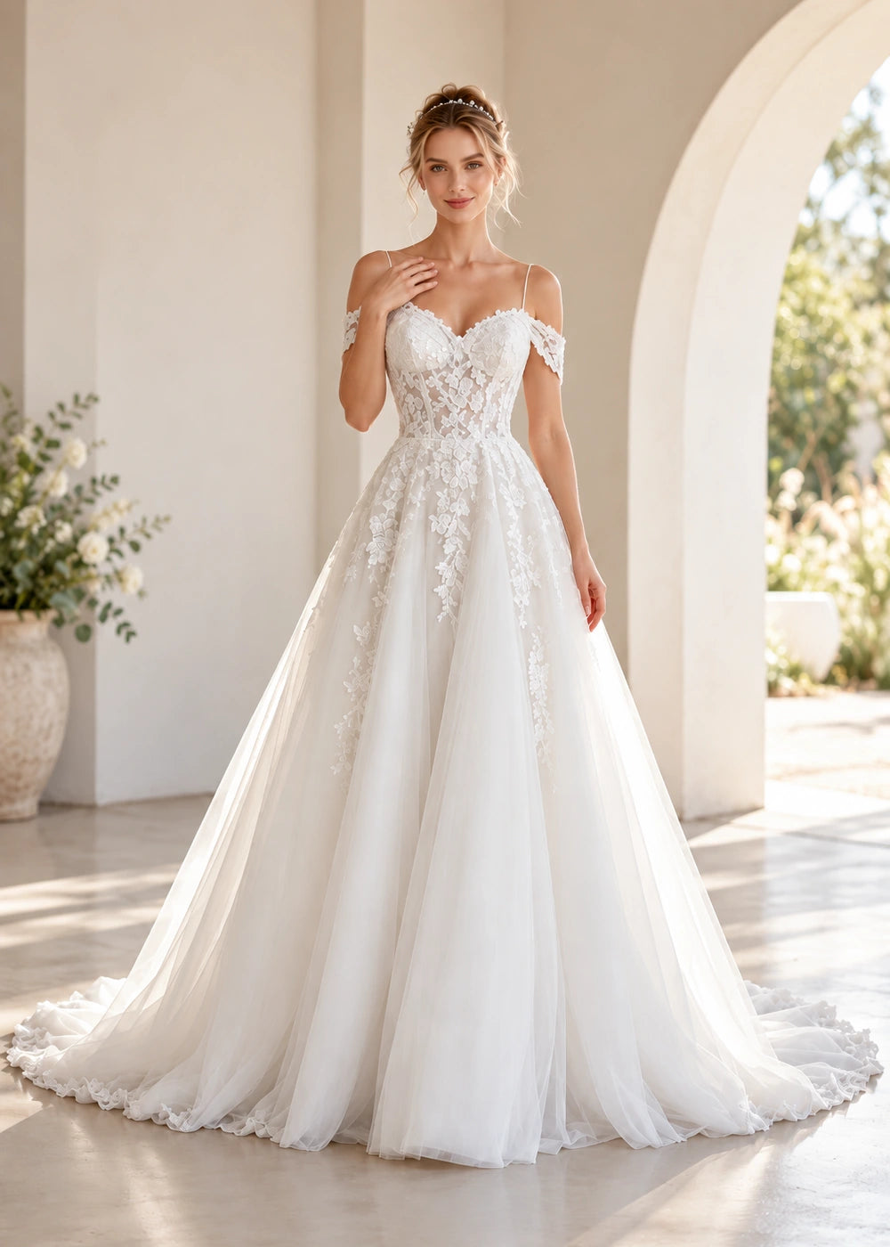 White Off-Shoulder Lace Wedding Dress with Full Tulle Skirt
