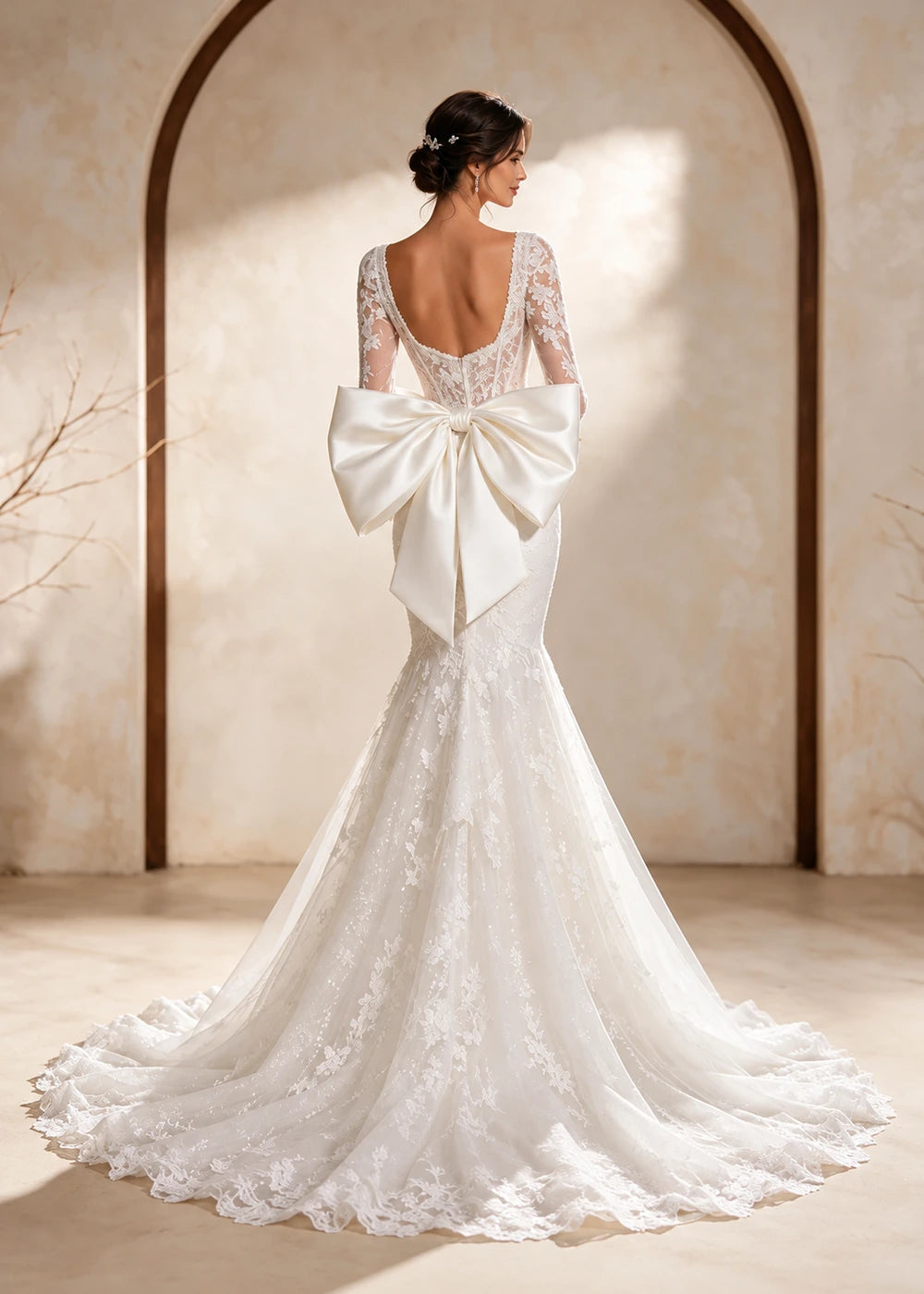 White Square-Neck Lace Mermaid Wedding Dress with Back Bow