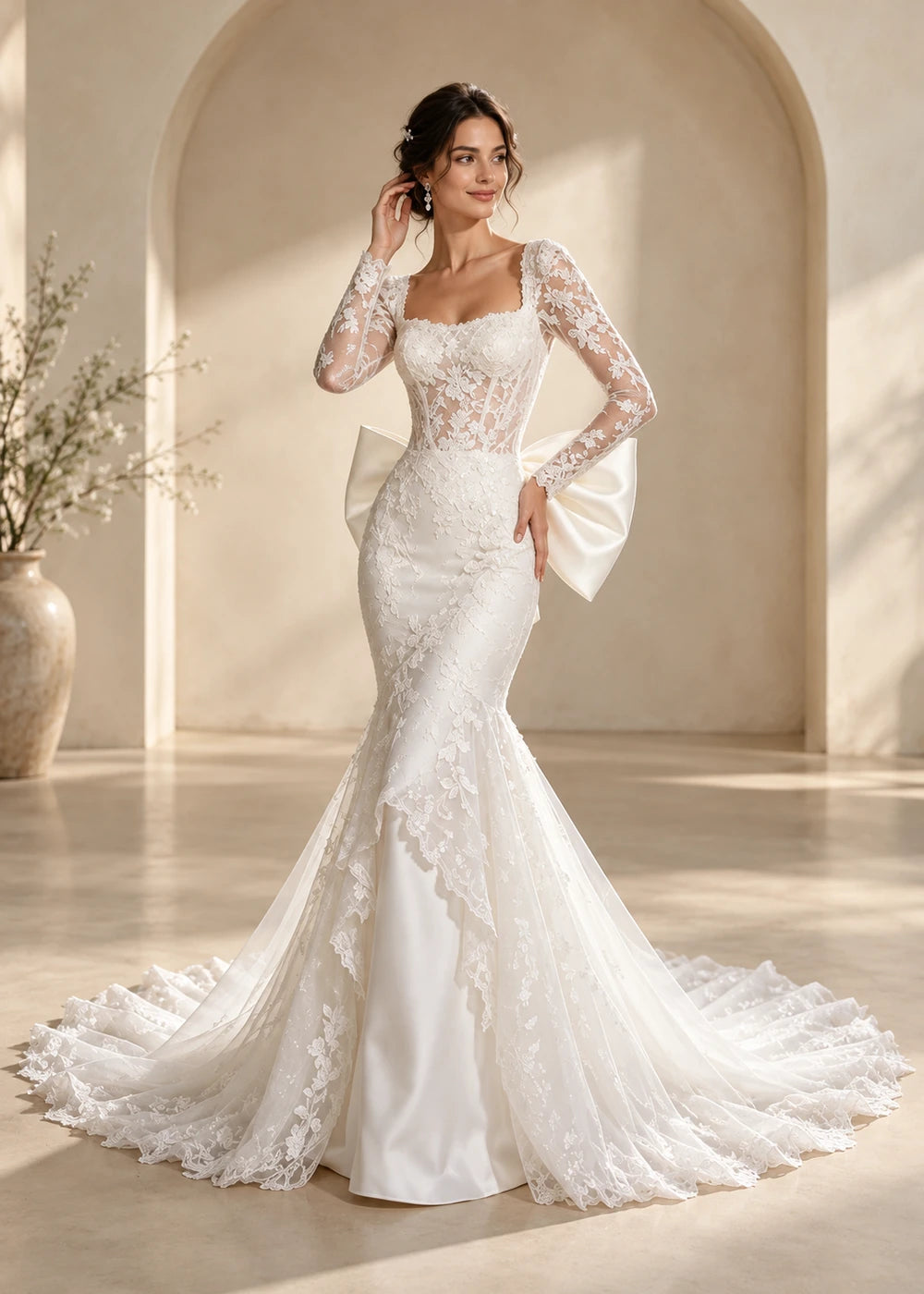 White Square-Neck Lace Mermaid Wedding Dress with Back Bow