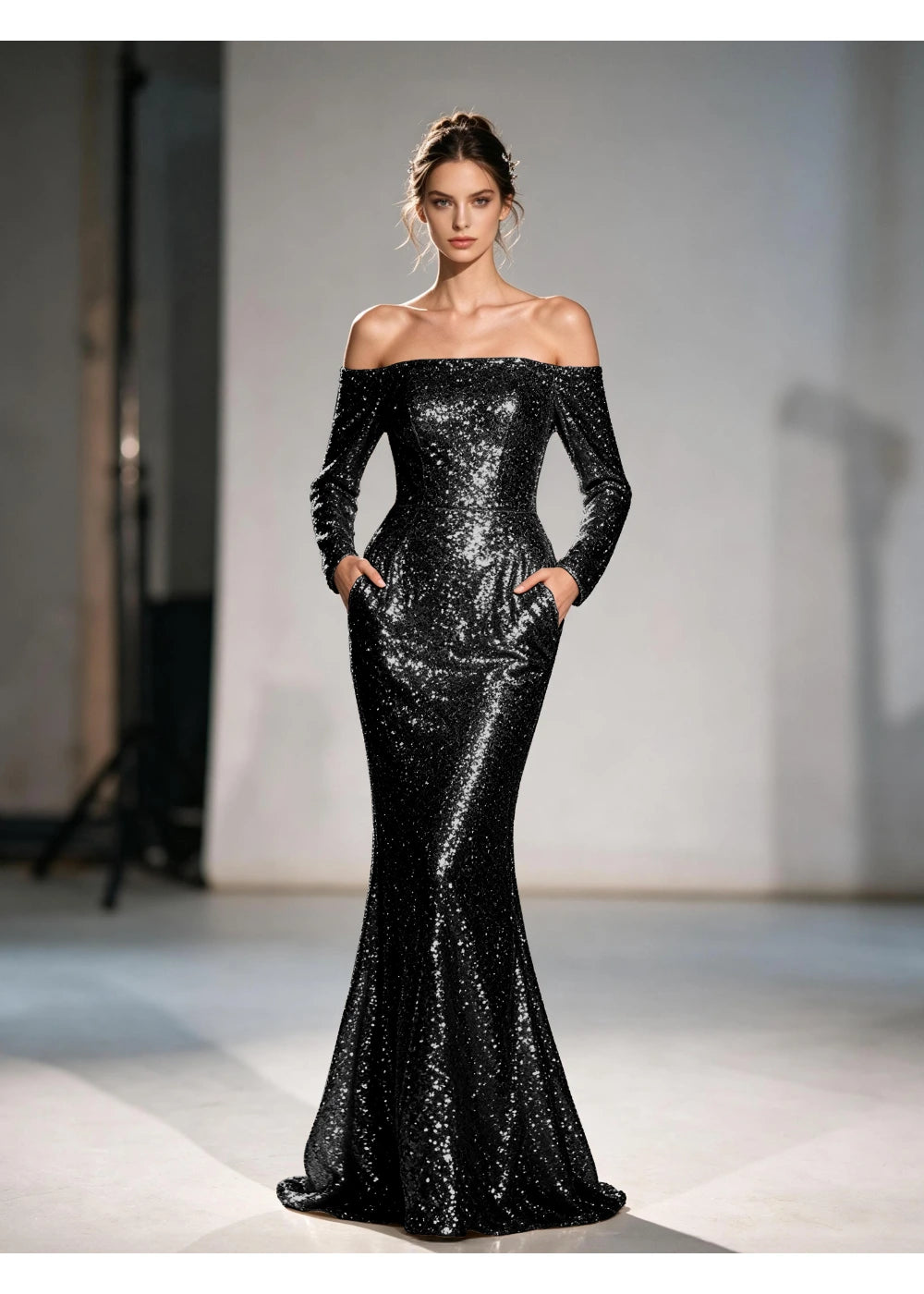 Front view of the black sequin mermaid gown with the same formal silhouette