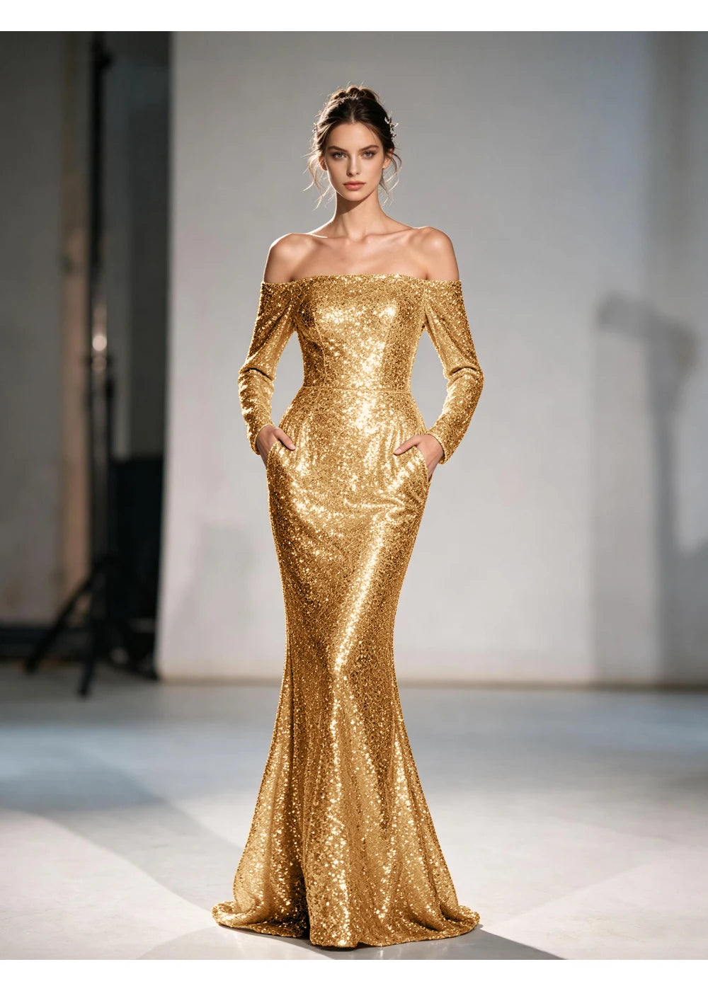 Front view of the gold sequin mermaid gown with the same formal silhouette