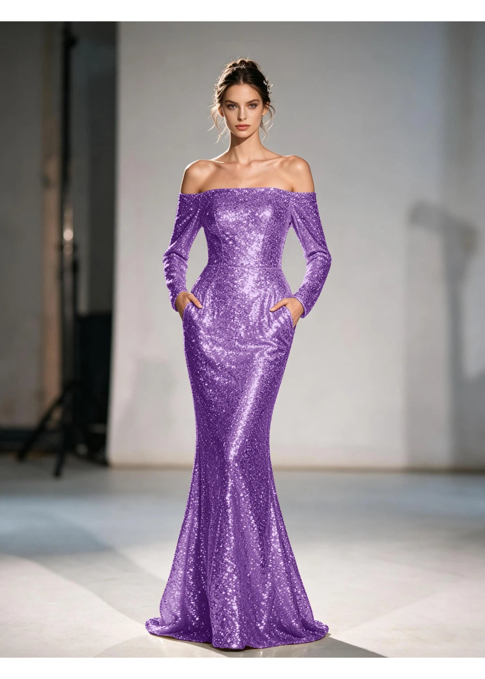 Front view of the purple sequin mermaid gown with the same formal silhouette